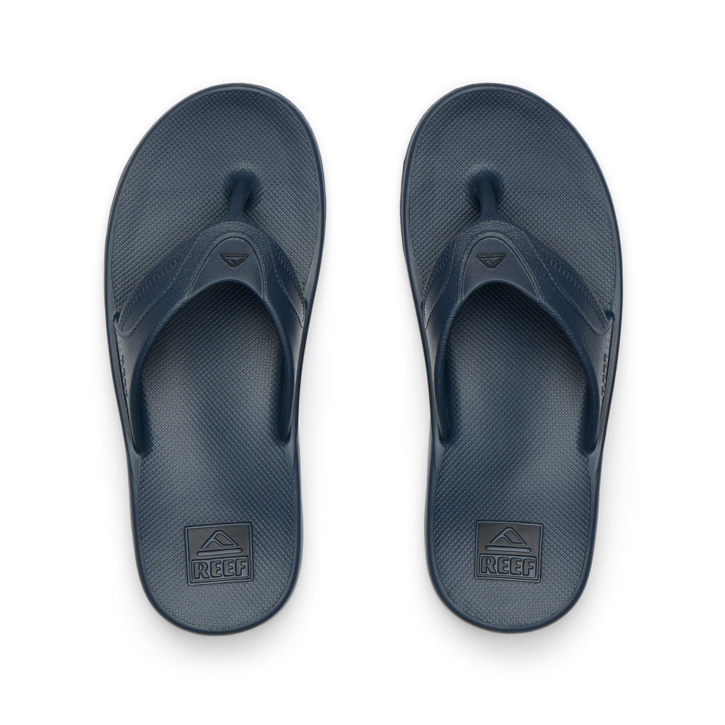 Pair of men's Fanning H2O blue water-friendly flip flops viewed from above highlighting comfort and arch support.
