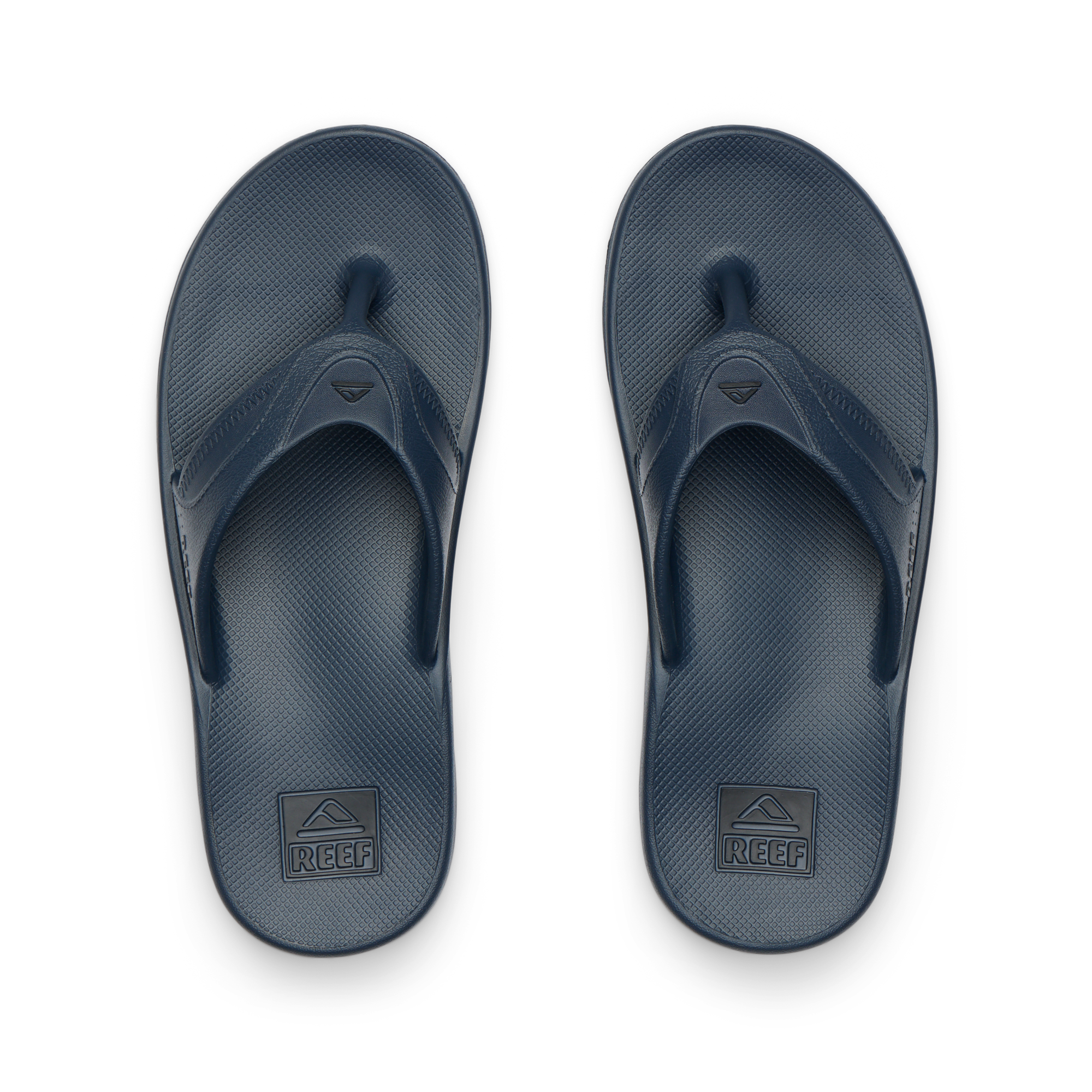 Pair of men's Fanning H2O blue water-friendly flip flops viewed from above highlighting comfort and arch support.