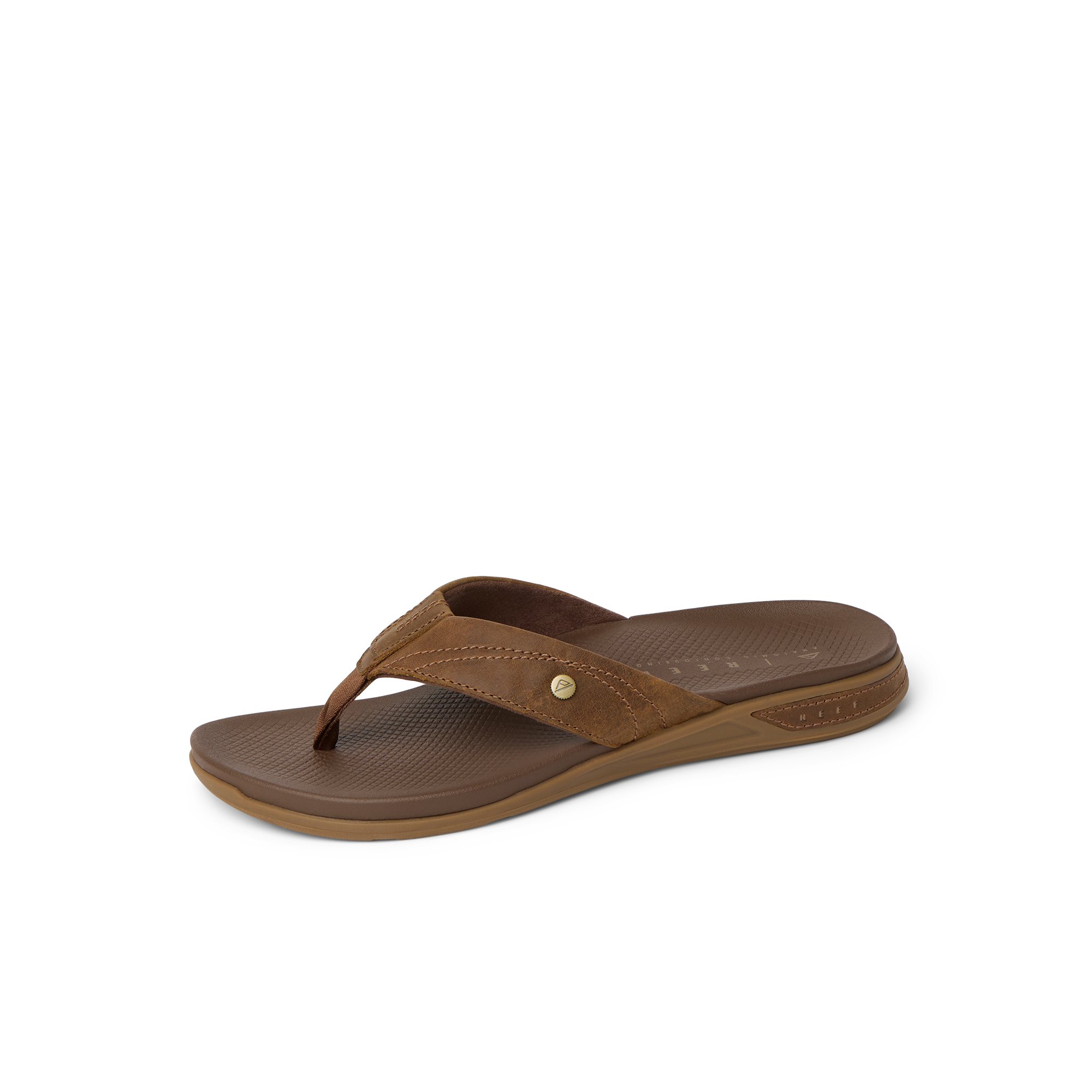 Phantom Lux men's brown sandal facing left, close-up of footbed and strap with anatomical arch support and cushioning.