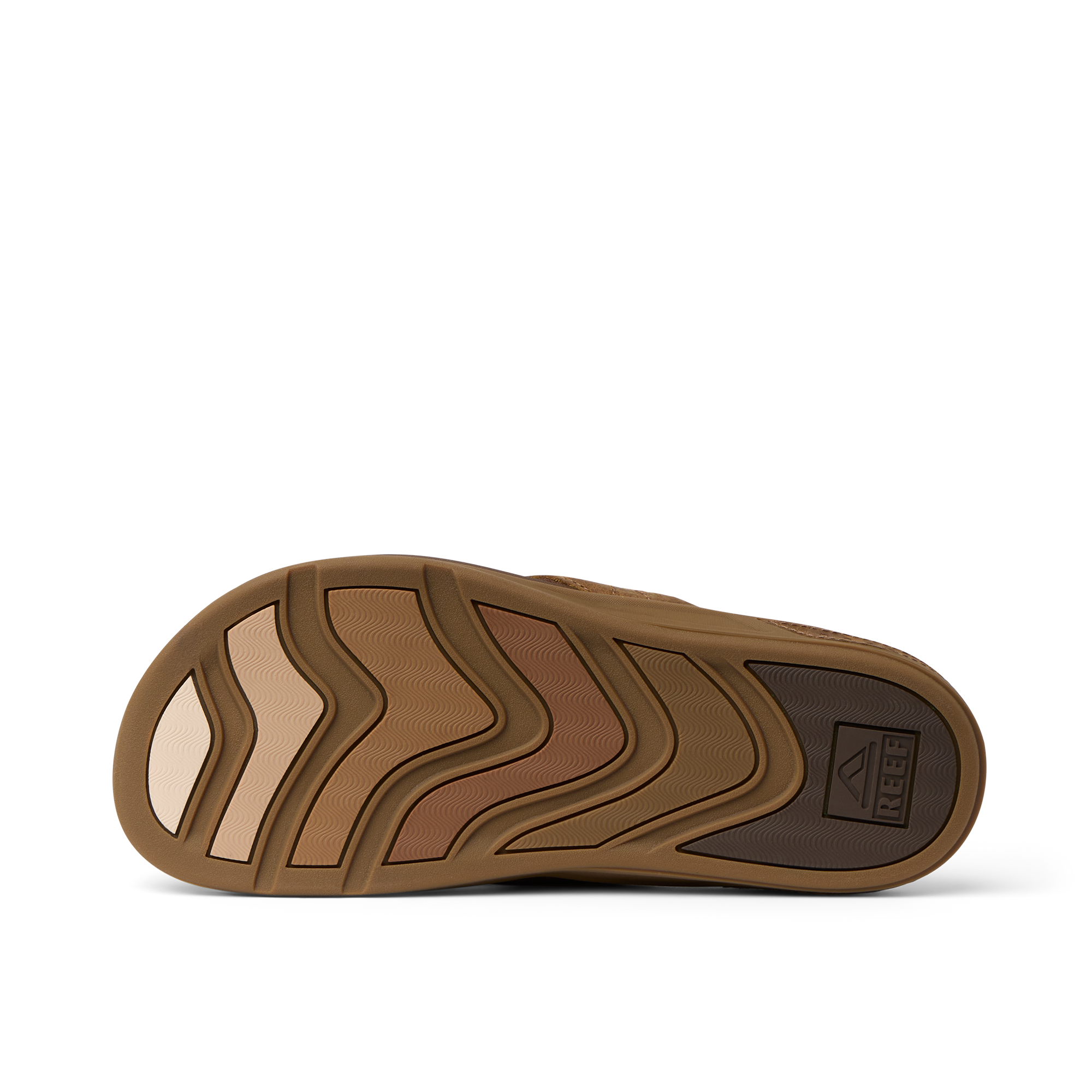 Phantom Lux men's shoe bottom view showing multi-tone toffee sole with arch support, designed for beach comfort.