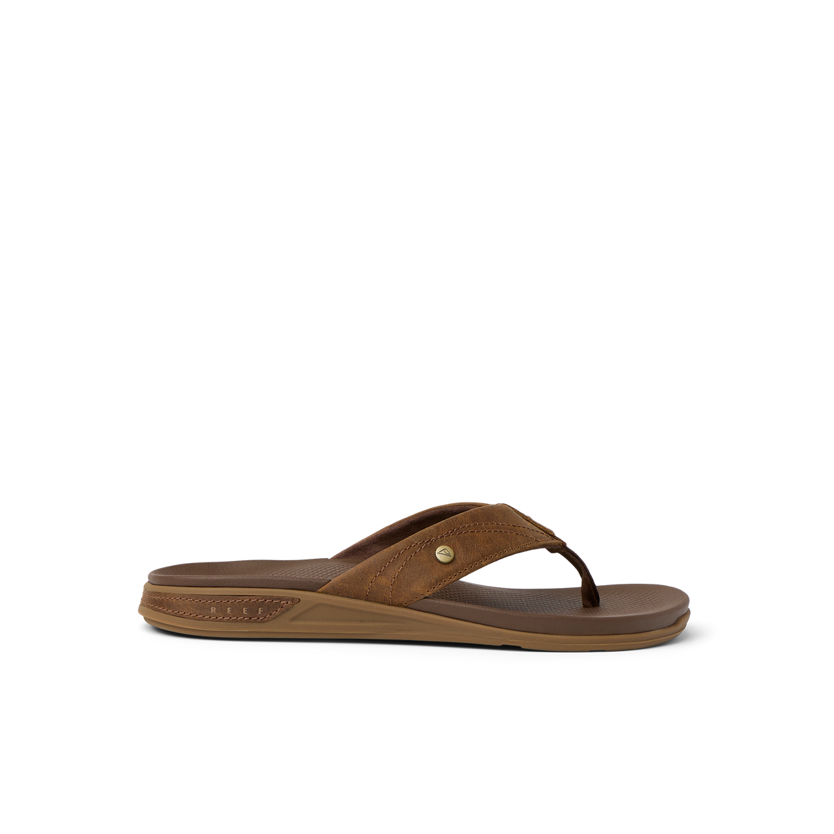 Phantom Lux men's brown flip flop sandal facing right, featuring comfort cushioning and anatomical arch support for beach use.