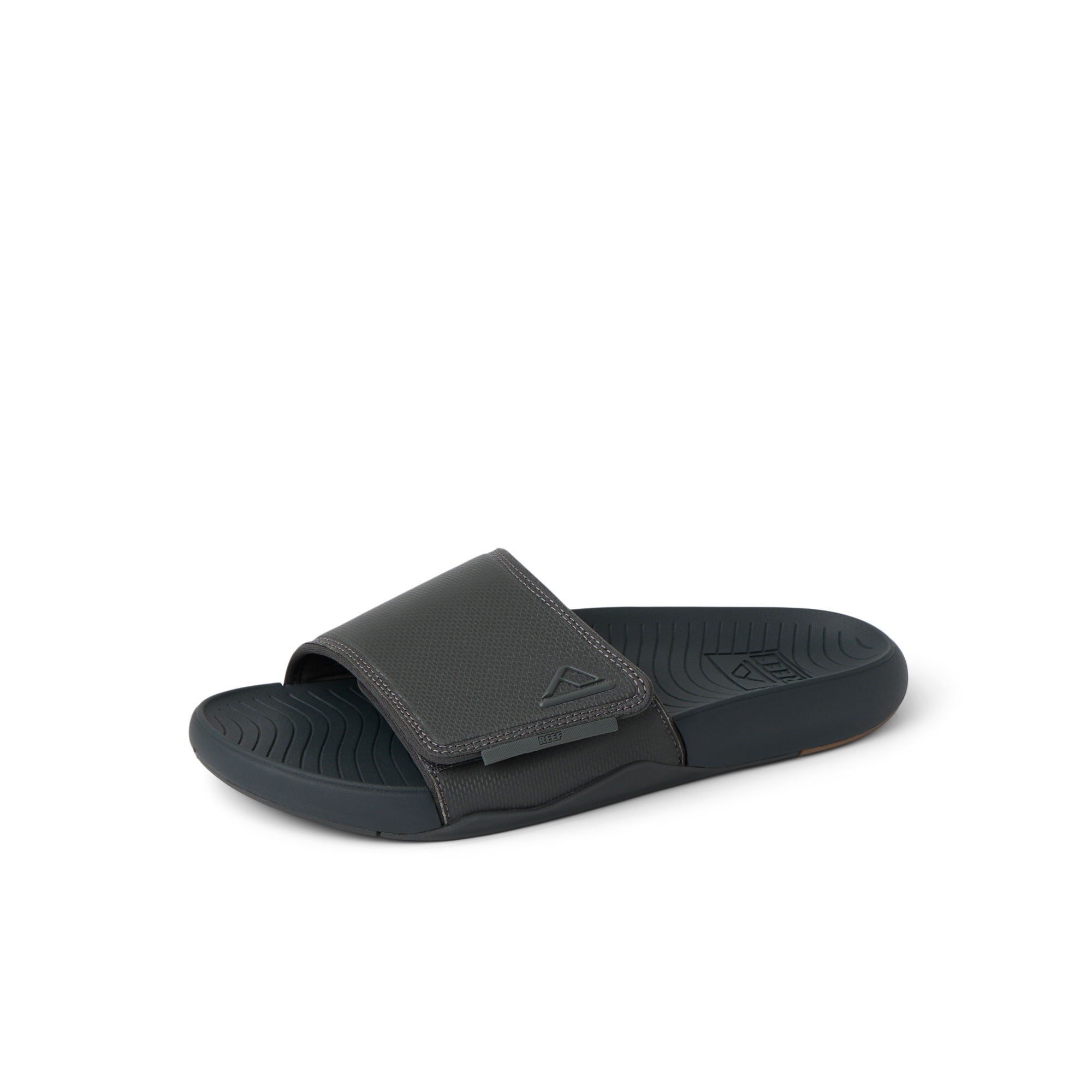 Men's Phantom Slab slide facing left, black water-friendly sandal with cushioned, arch-support footbed close-up.