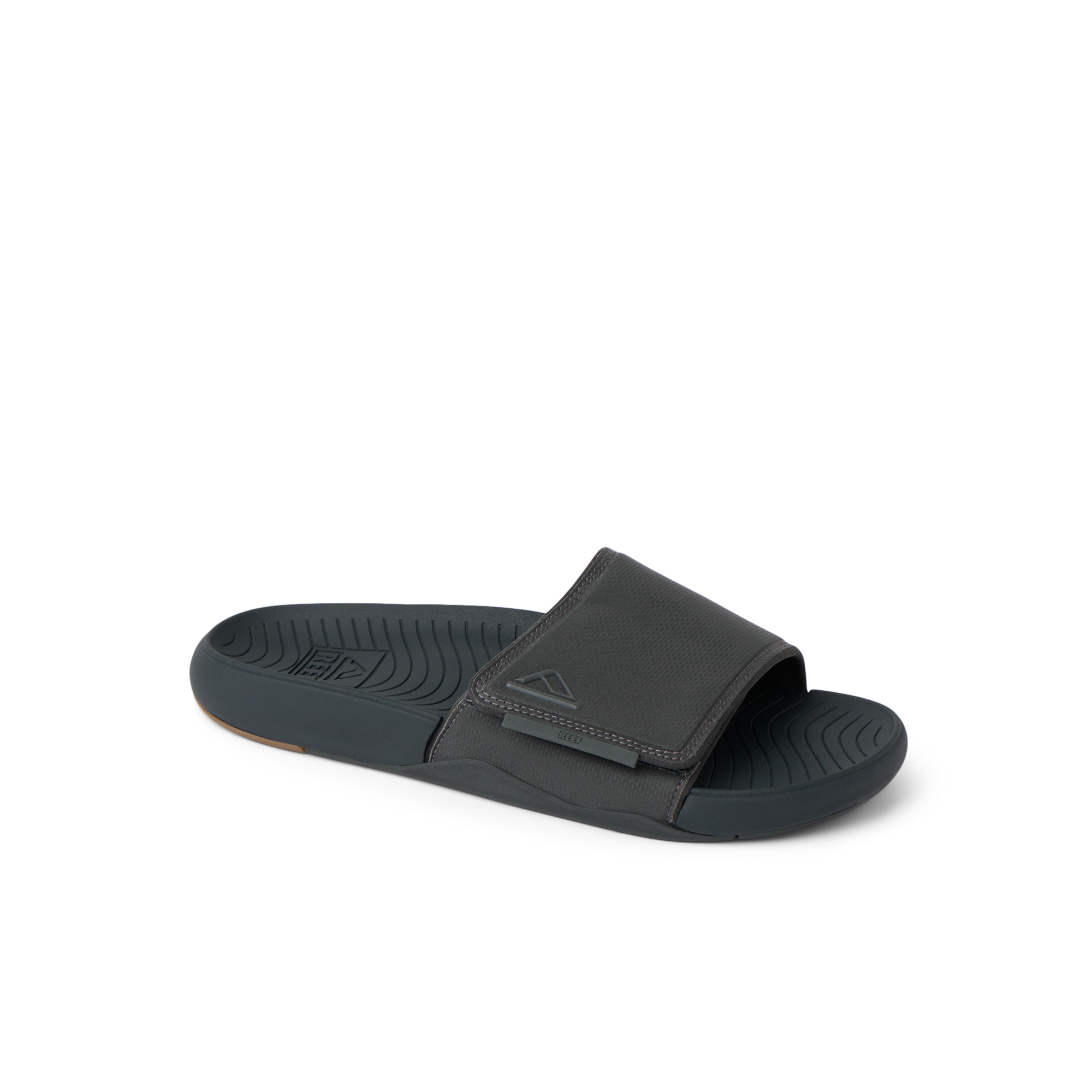 Phantom Slab men's black slide sandal facing left, showing top and side with padded strap for comfort and arch support.