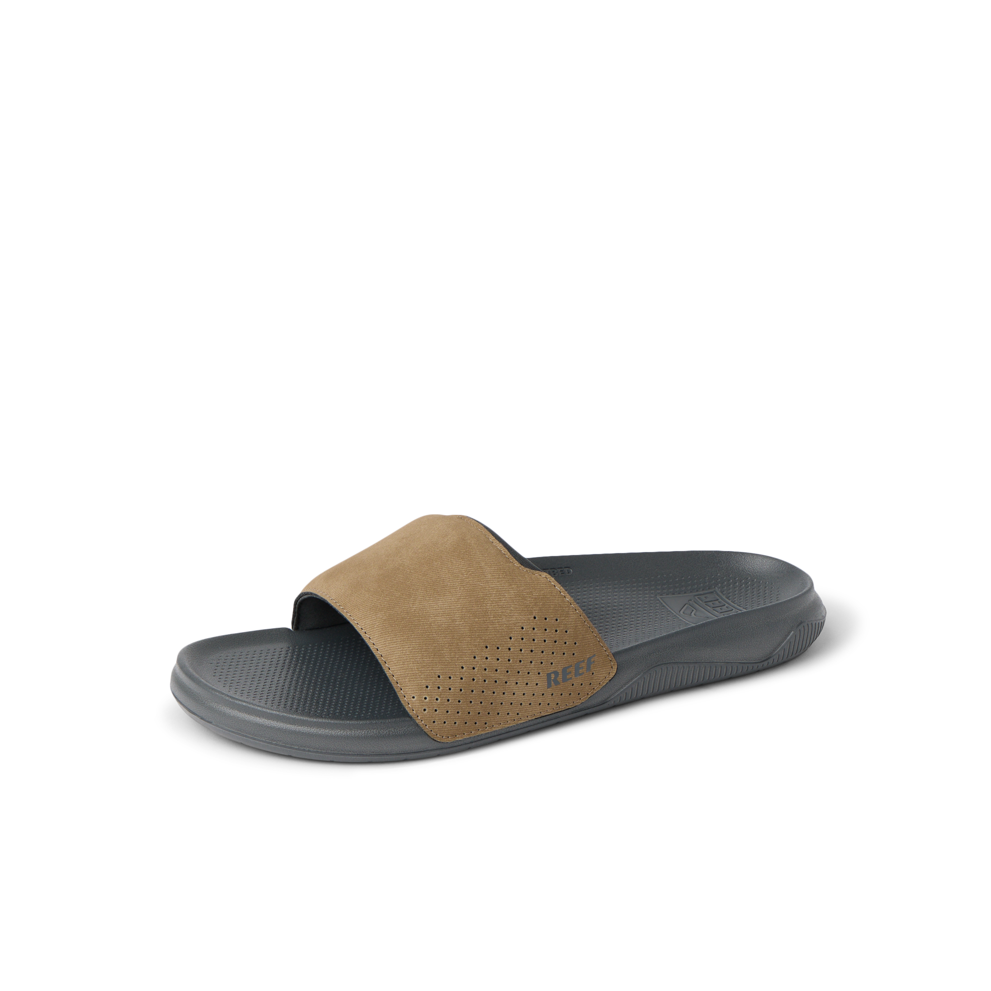 Tailslide slide sandal facing left, with tan perforated strap and grey cushioned footbed, designed for comfort and beach lifestyle.