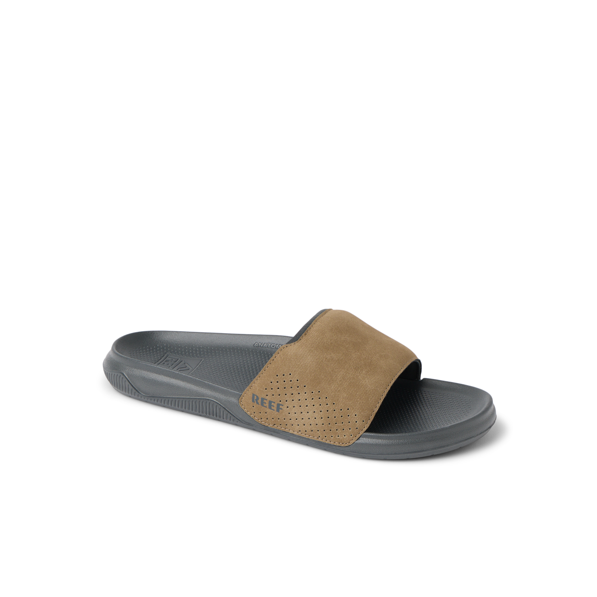 Tailslide men's slide sandal facing left with tan suede upper and cushioned black sole, surf-inspired comfort design.
