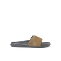 Tailslide slide sandal facing left, showing tan perforated strap and soft-rebound cushioned sole for comfort and durability.