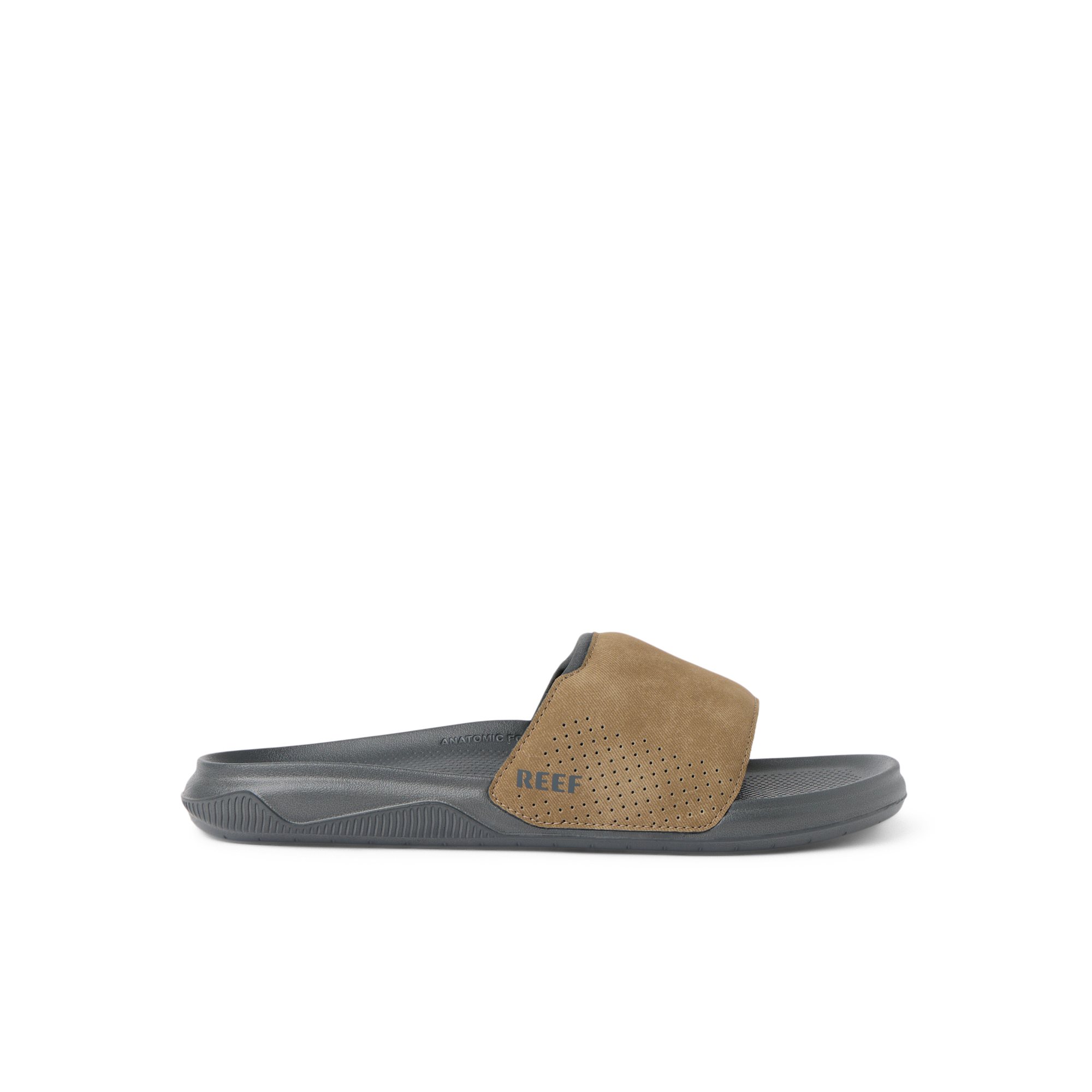 Tailslide slide sandal facing left, showing tan perforated strap and soft-rebound cushioned sole for comfort and durability.