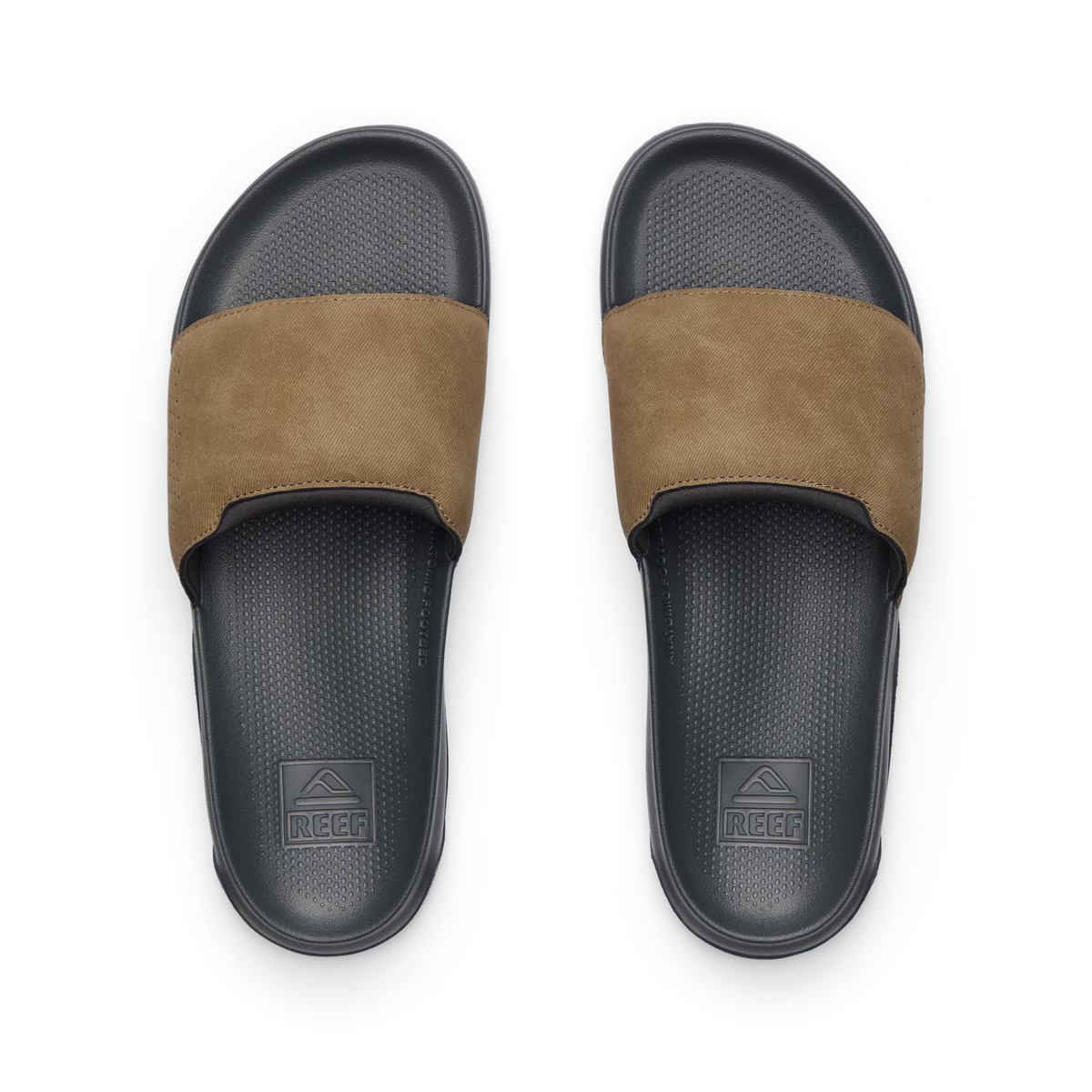 Tailslide men's slides facing forward with grey footbed and tan strap, featuring anatomical arch support and soft cushioning.