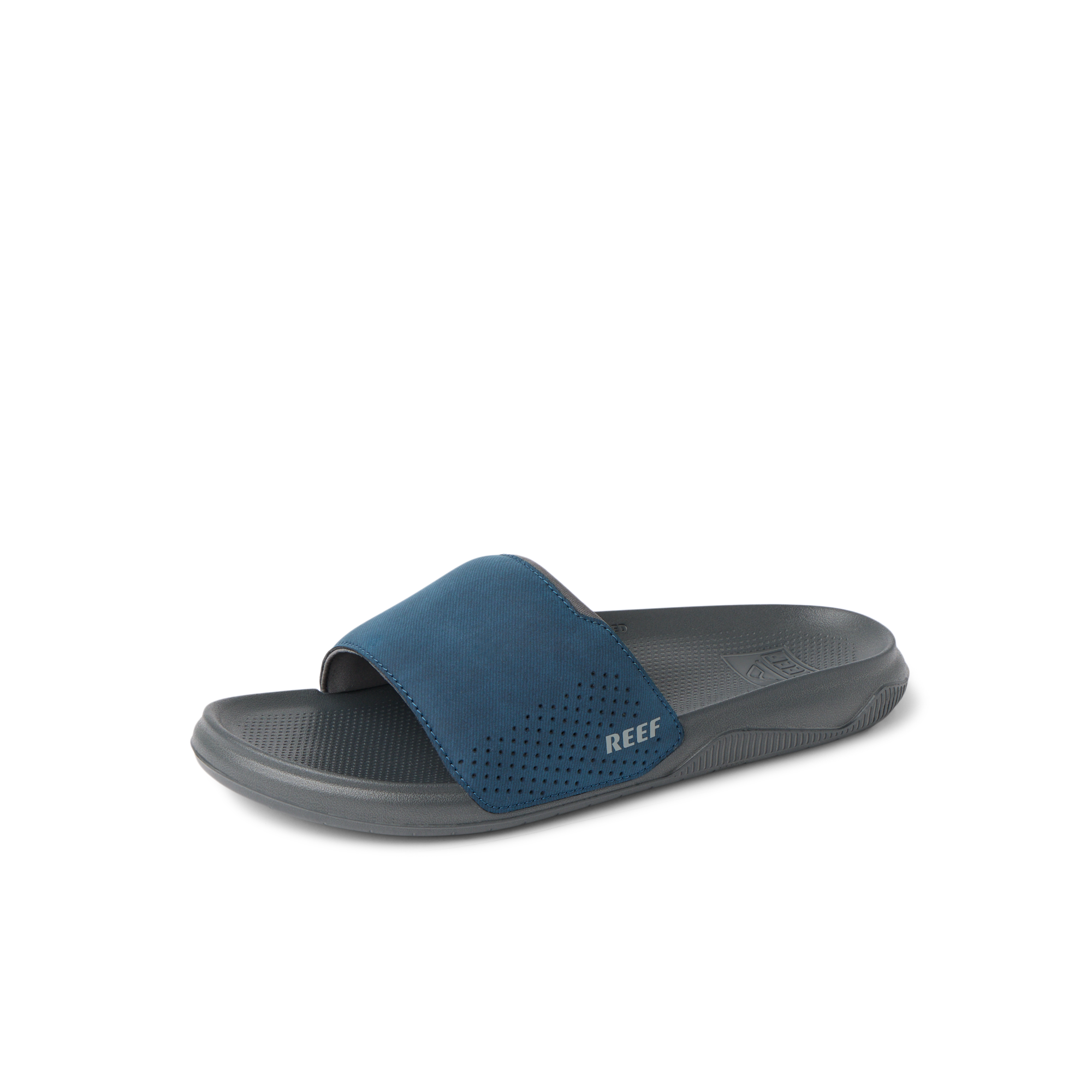 Tailslide men's slide facing left, blue strap with REEF logo, cushioned footbed for comfort, beach-inspired design.