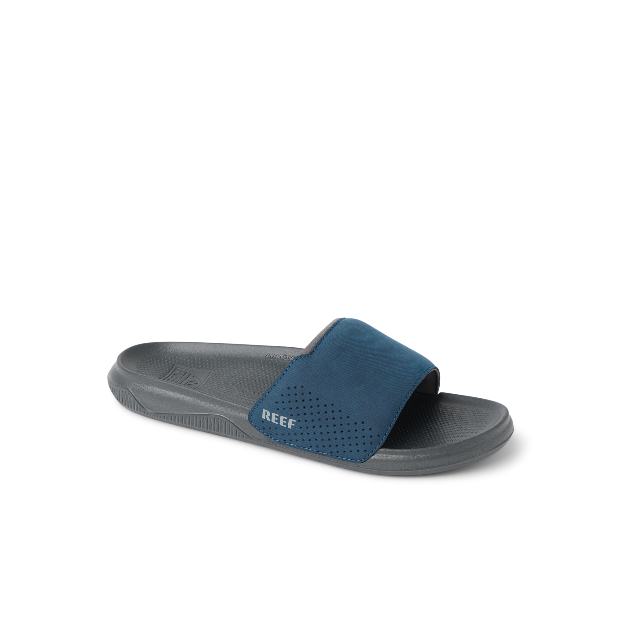Tailslide men's slide sandal facing right with navy blue strap, anatomical arch support, and soft cushioning for comfort