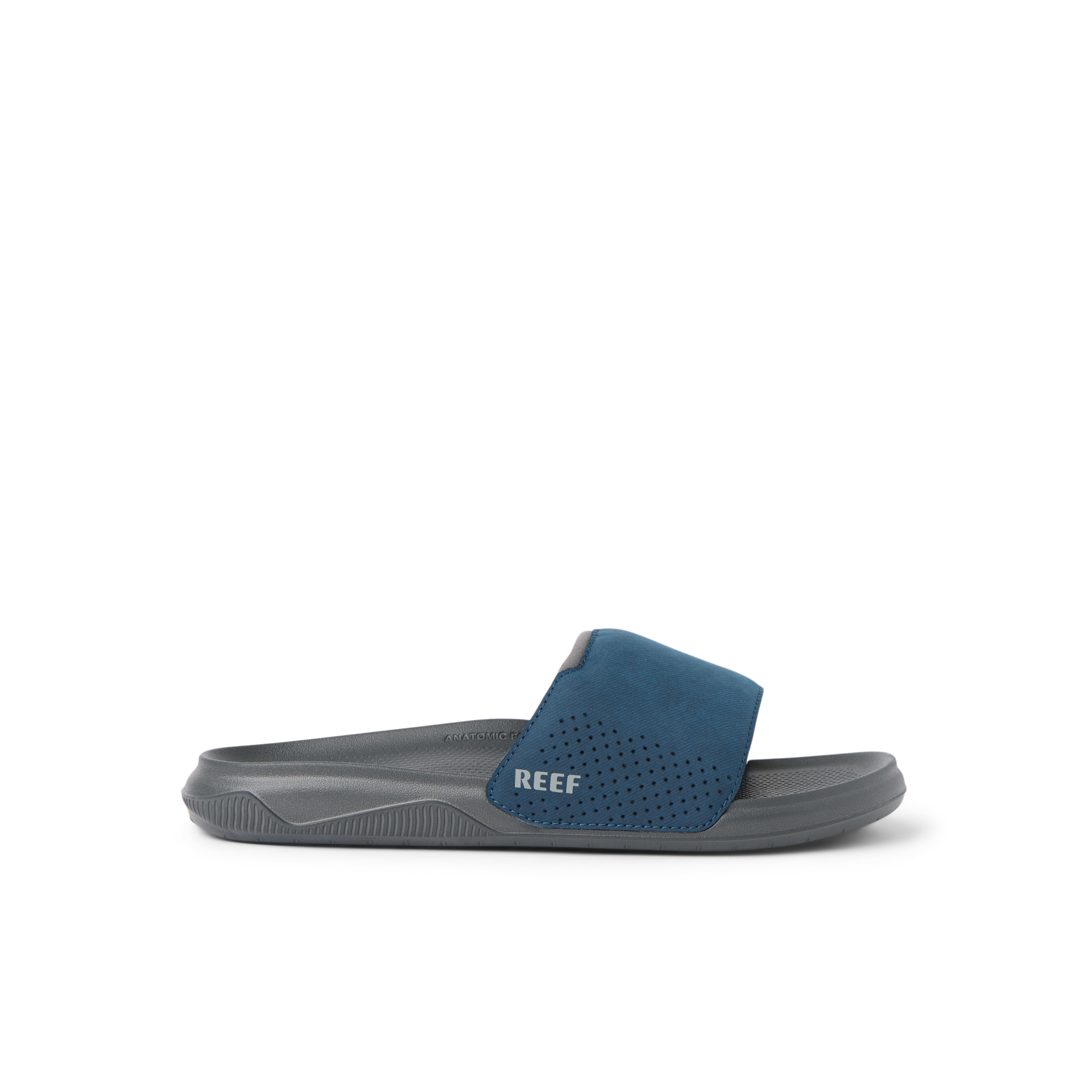 Tailslide men’s slide sandal facing left with navy soft-rebound cushioned strap and anatomical arch support, beach comfort