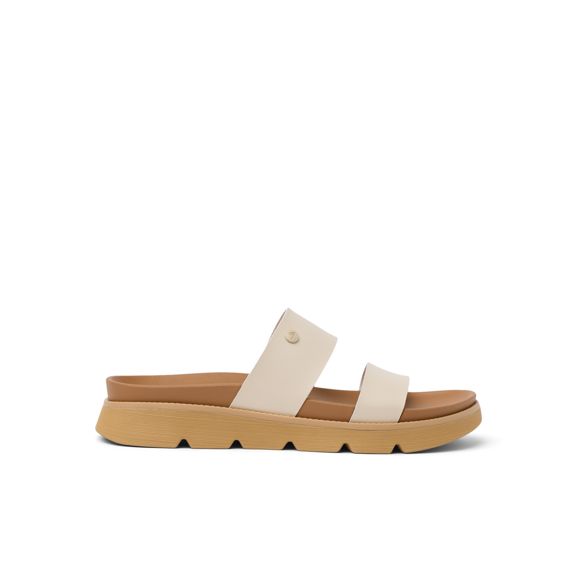 Side view of Vista Luxe Thea sandal in parchment with cushioned sole and anatomical arch support for all-day comfort.