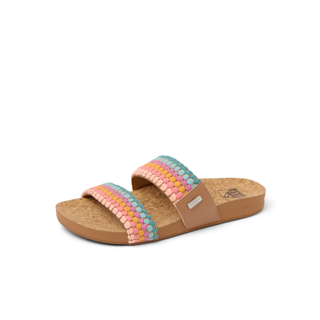 Cushion Vista women's sandal facing left, multi-colored straps with soft-rebound cushioning and anatomical arch support.