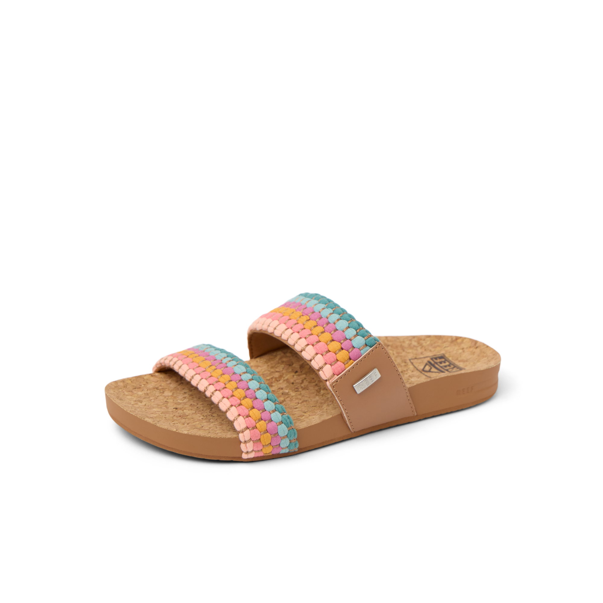Cushion Vista women's sandal facing left, multi-colored straps with soft-rebound cushioning and anatomical arch support.