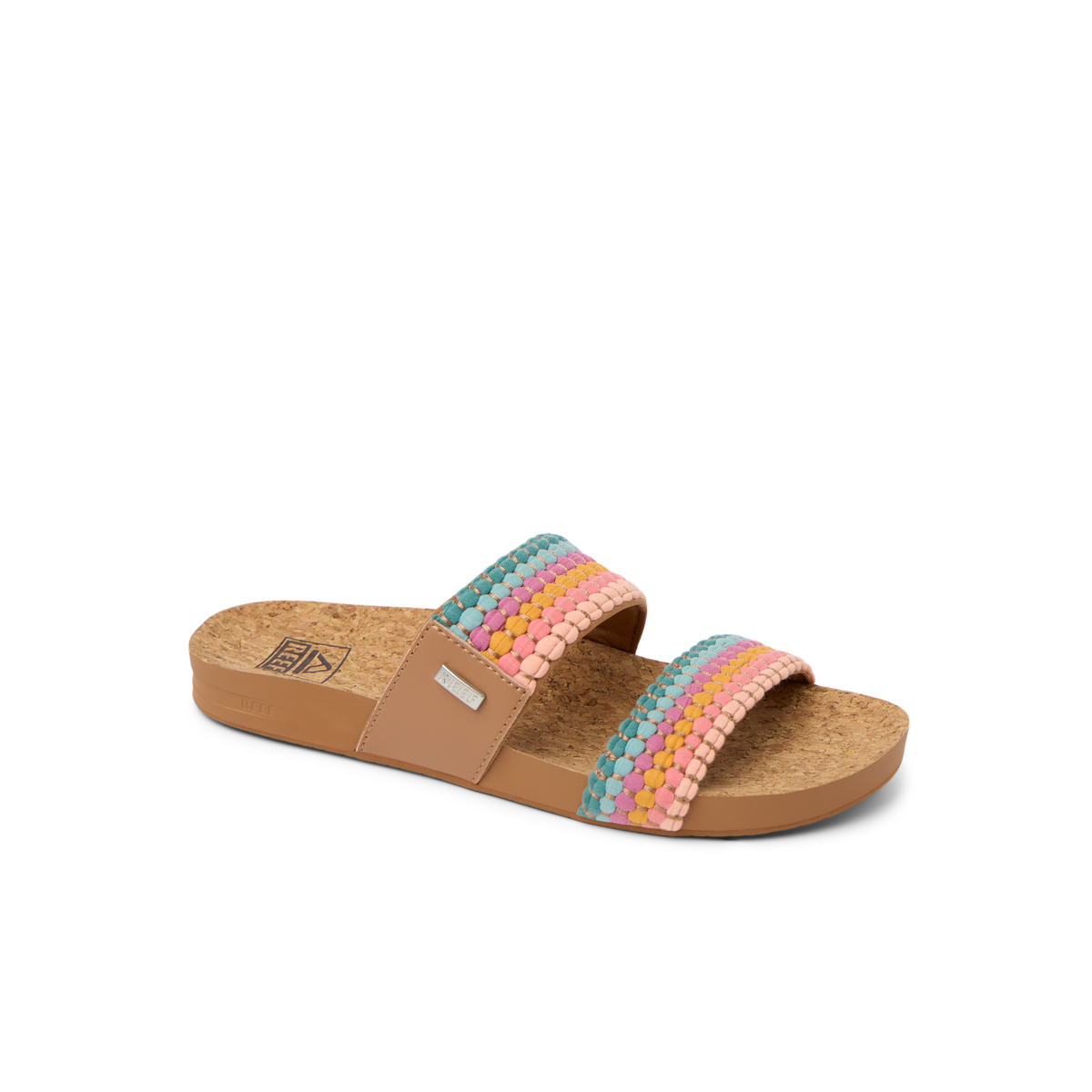 Cushion Vista women's sandal facing left with multicolor woven straps, comfort footbed, and durable water-friendly sole.