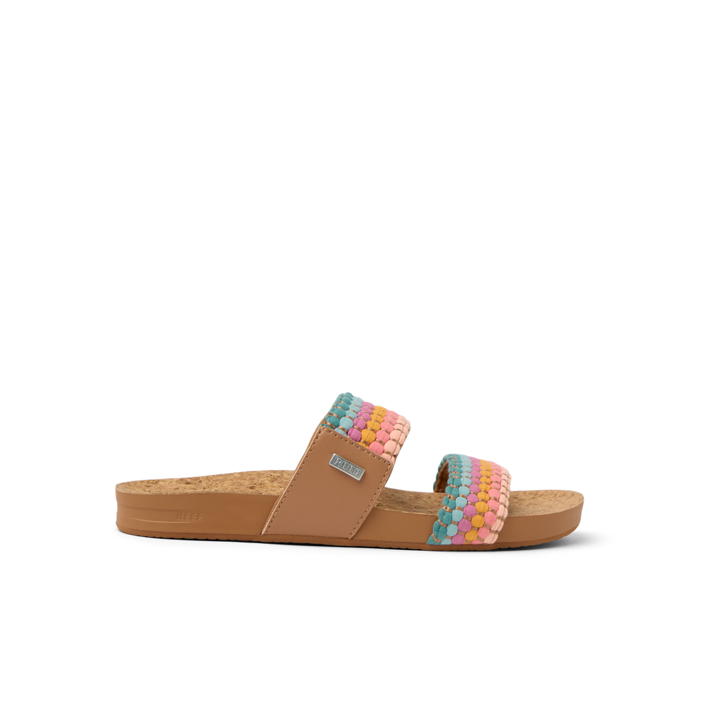 Cushion Vista sandal facing left showing side profile with cushioned arch support and multicolor woven straps for comfort.