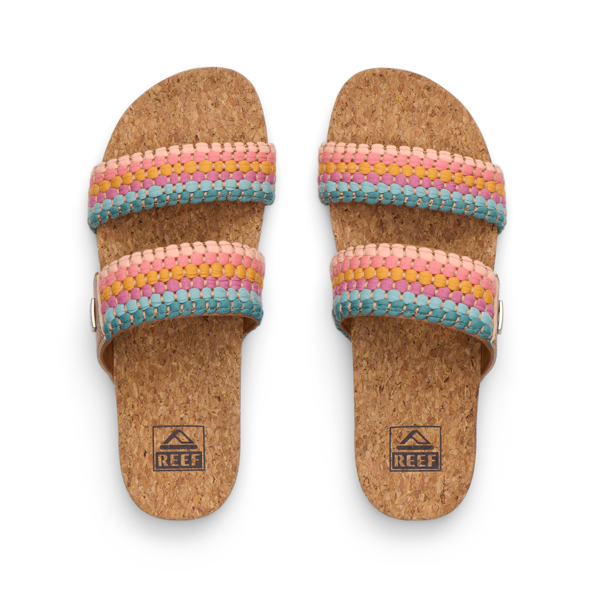 Top view of women's Cushion Vista sandals with multicolor woven straps and cork footbeds facing up, beach-inspired comfort.