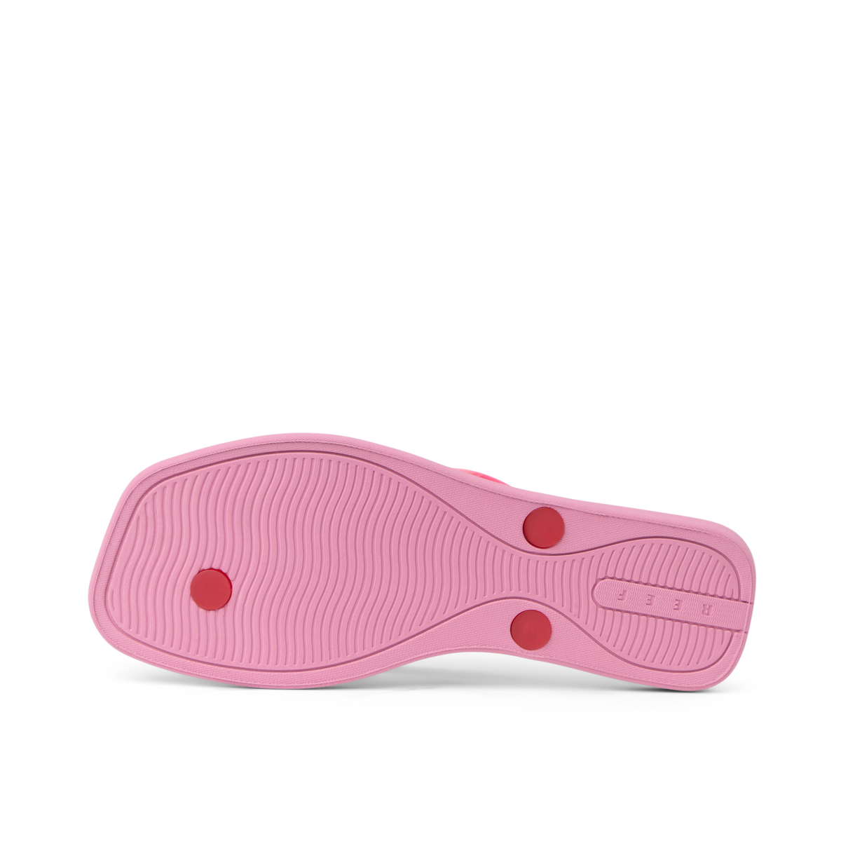 Solaye women's footwear outsole facing up, pink with red accents, showing durable, water-friendly sole design.