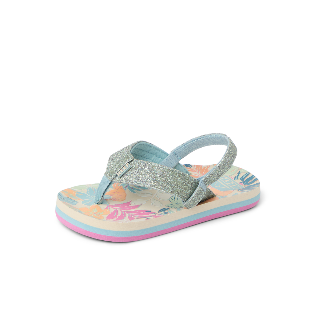 Little Ahi girls' sandal facing right, tropical floral footbed with glittery straps, lightweight and comfort-focused design.