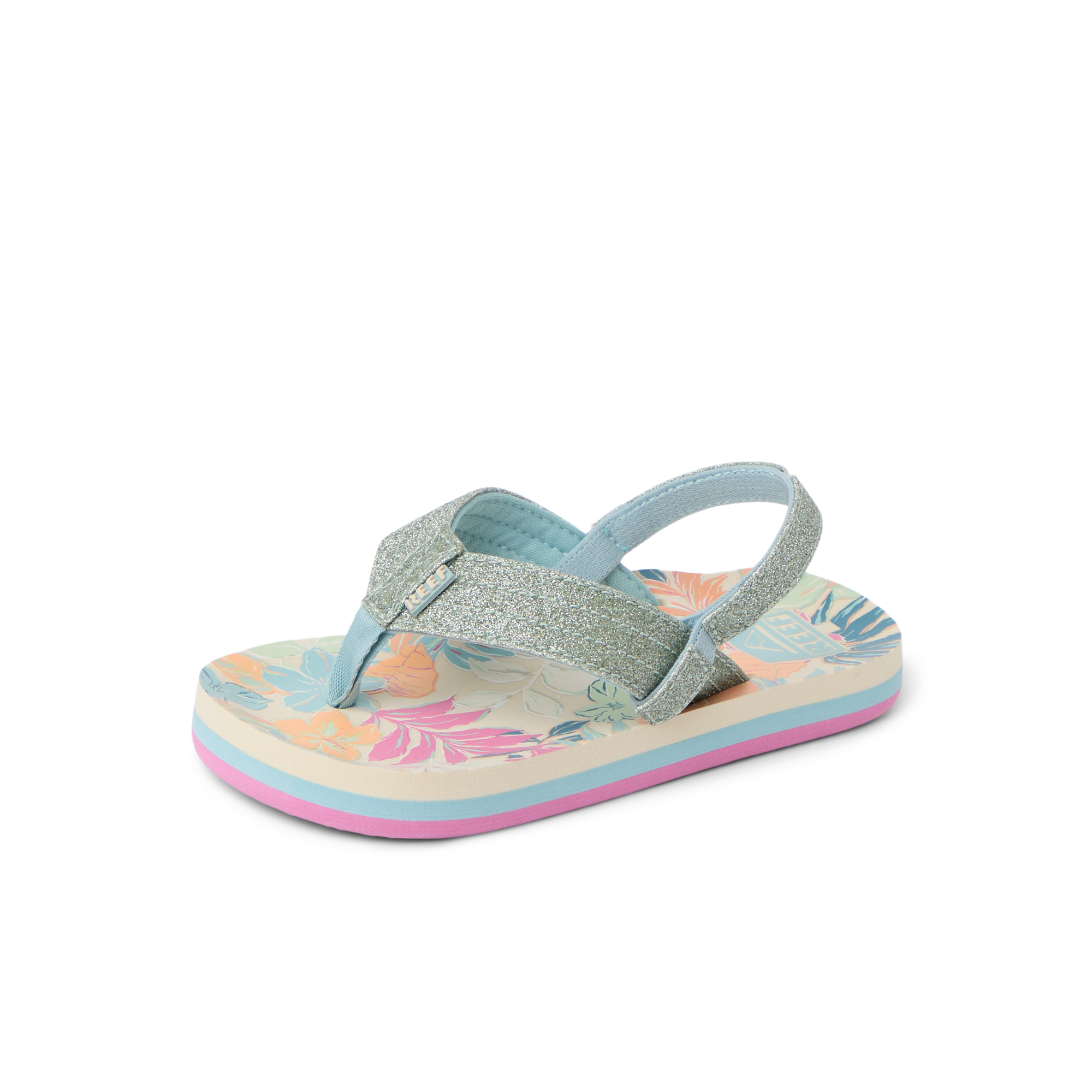 Little Ahi girls' sandal facing right, tropical floral footbed with glittery straps, lightweight and comfort-focused design.