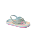 Little Ahi girls' sandal facing left, showing tropical floral footbed and glittery straps with arch support.