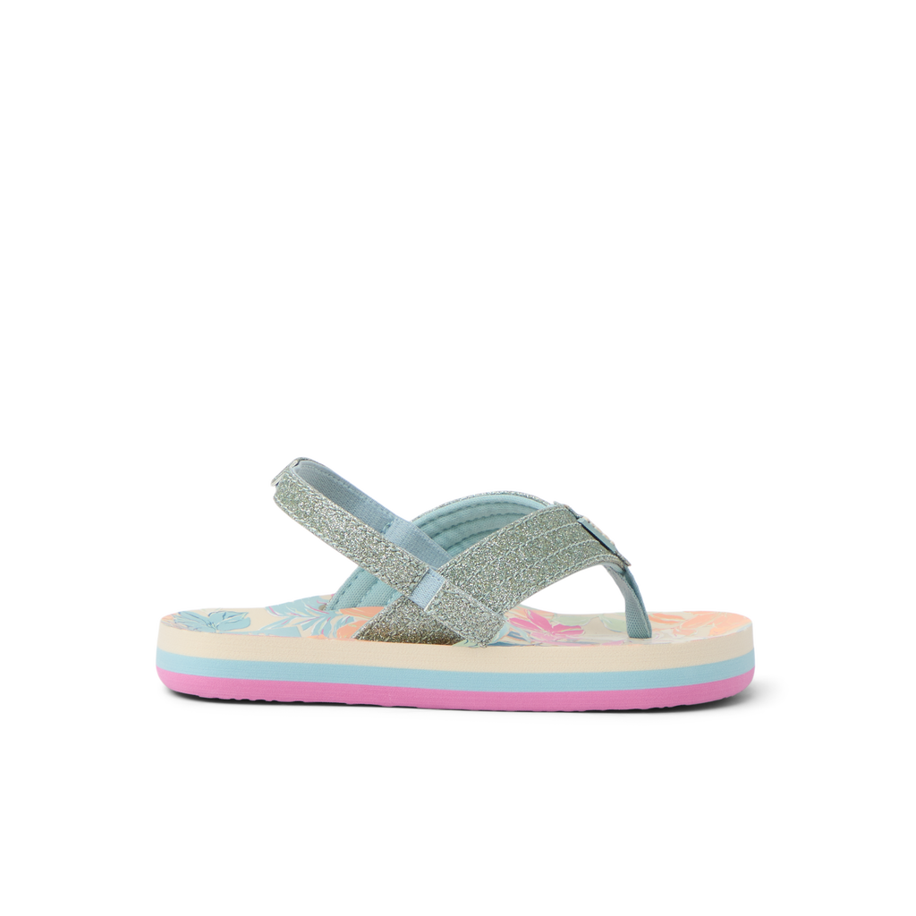 Little Ahi girls’ sandal facing left, featuring tropical floral footbed and cushioned arch support for beach comfort.