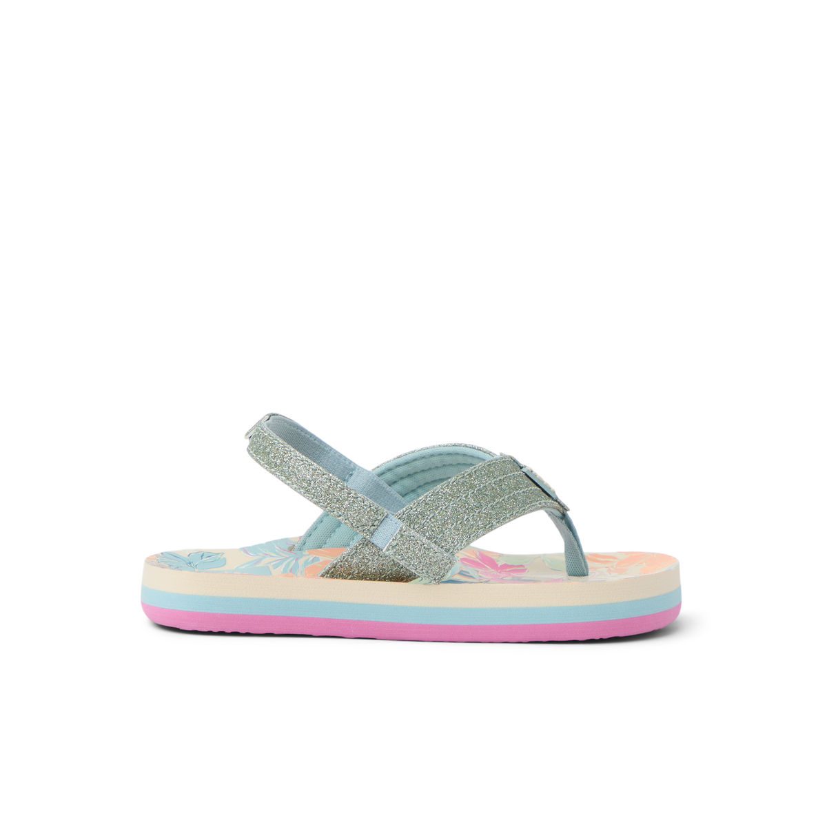 Little Ahi girls’ sandal facing left, featuring tropical floral footbed and cushioned arch support for beach comfort.