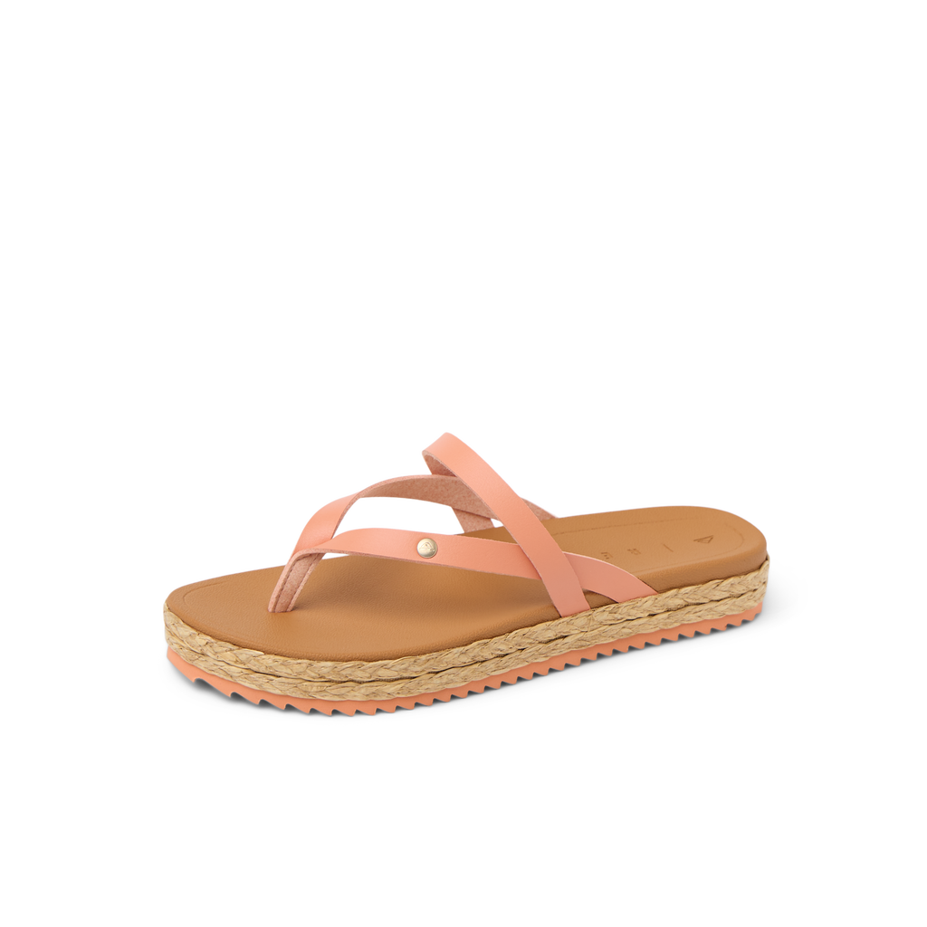Vista Carmen women's sandal facing left, close-up on toe strap and cushioned arch support with braided platform sole.