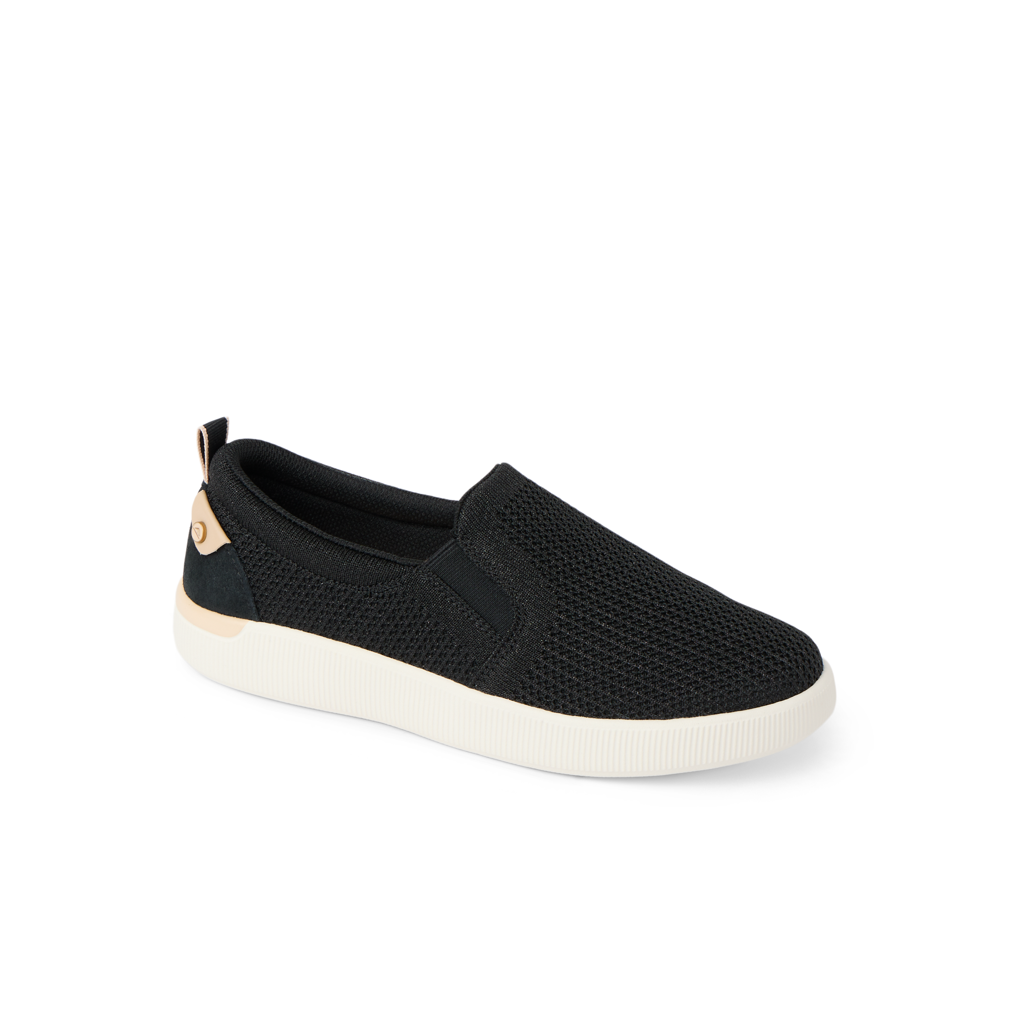 Neptune Elyse women's black metallic slip-on sneaker facing right, featuring lightweight breathable mesh and comfort cushioning.