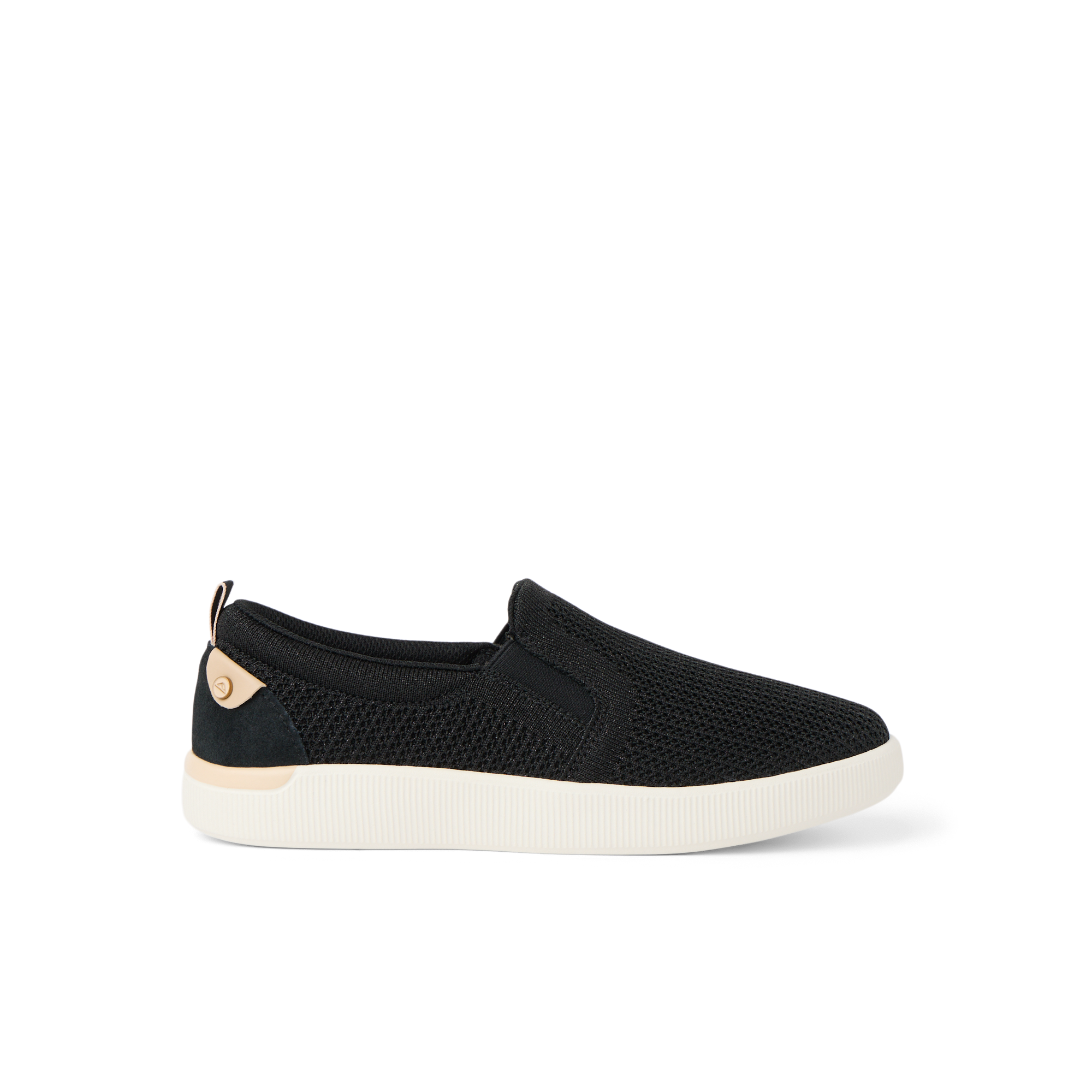 Neptune Elyse women's black metallic slip-on sneaker facing left with cushioned arch support for beach comfort.