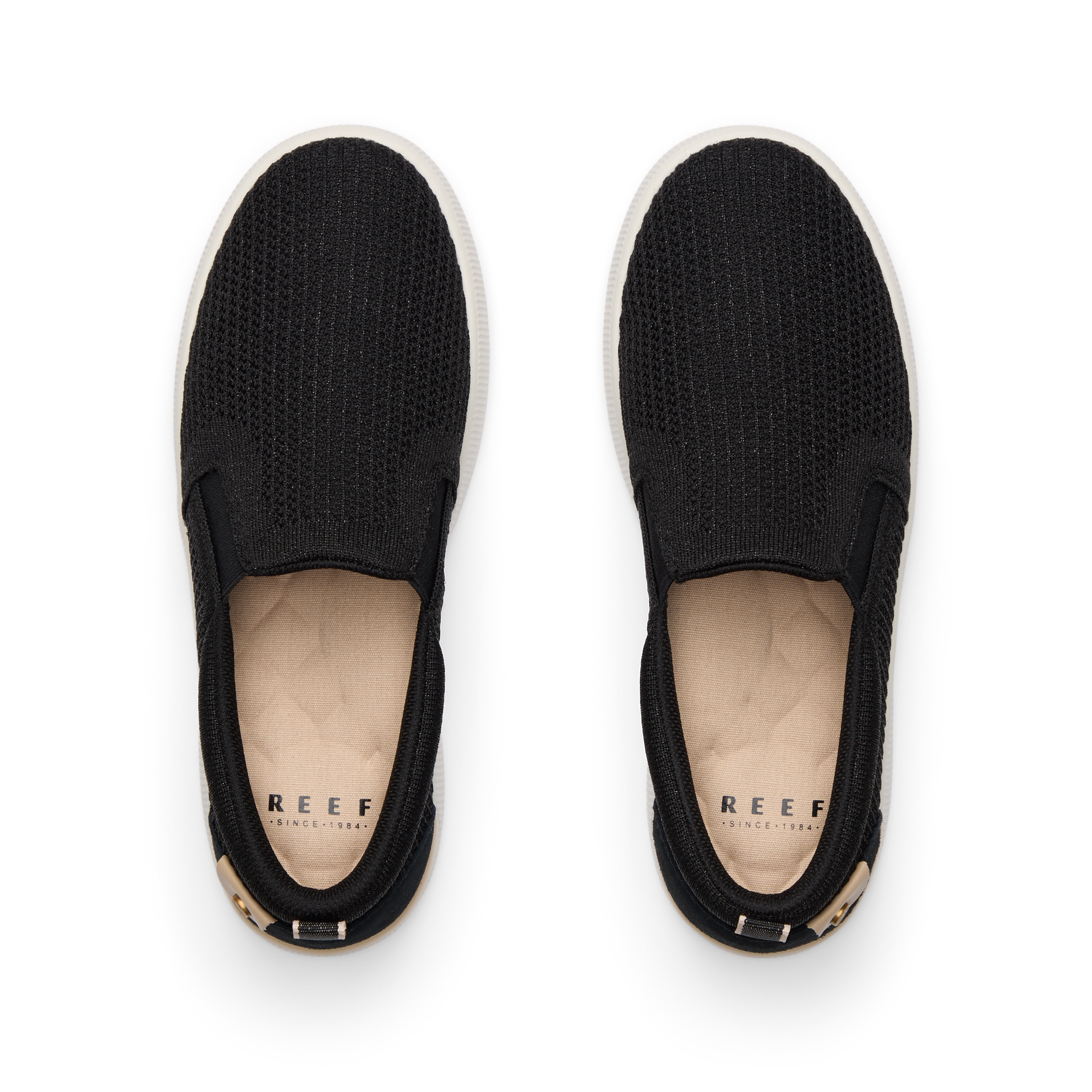 Top view of Neptune Elyse women's black metallic knit slip-on shoes with cushioned insoles and arch support by REEF.