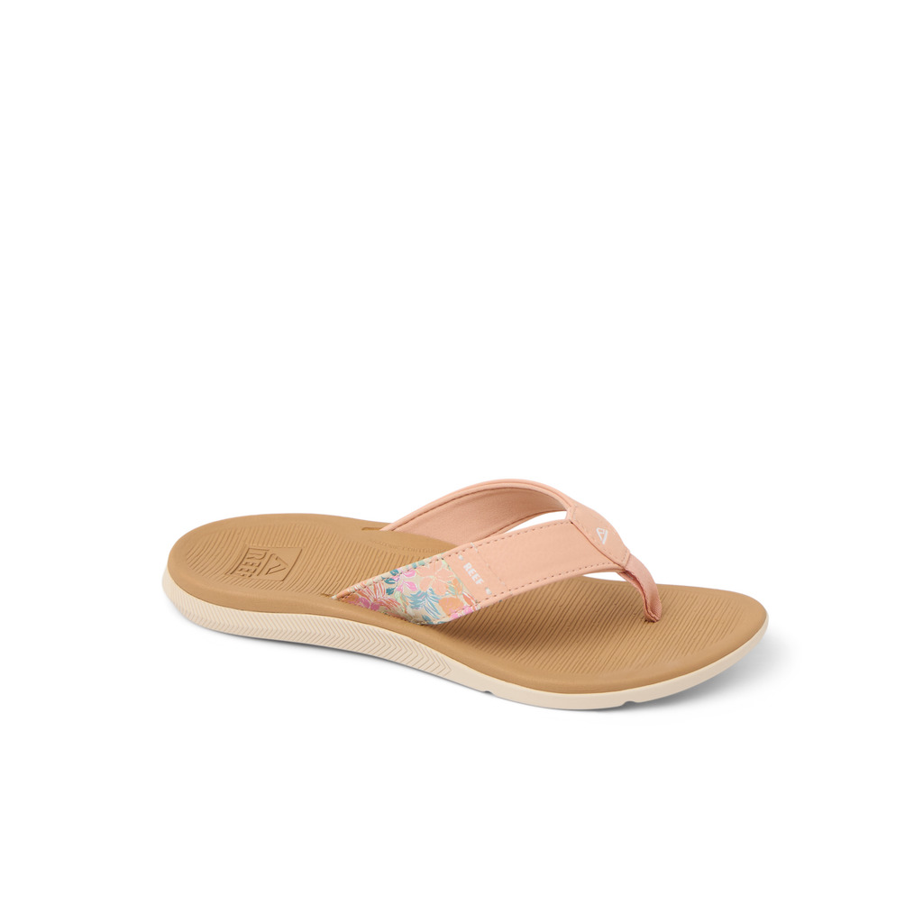 Santa Ana women's peach tan sandal facing left, showing toe post and cushioned footbed for beach comfort.