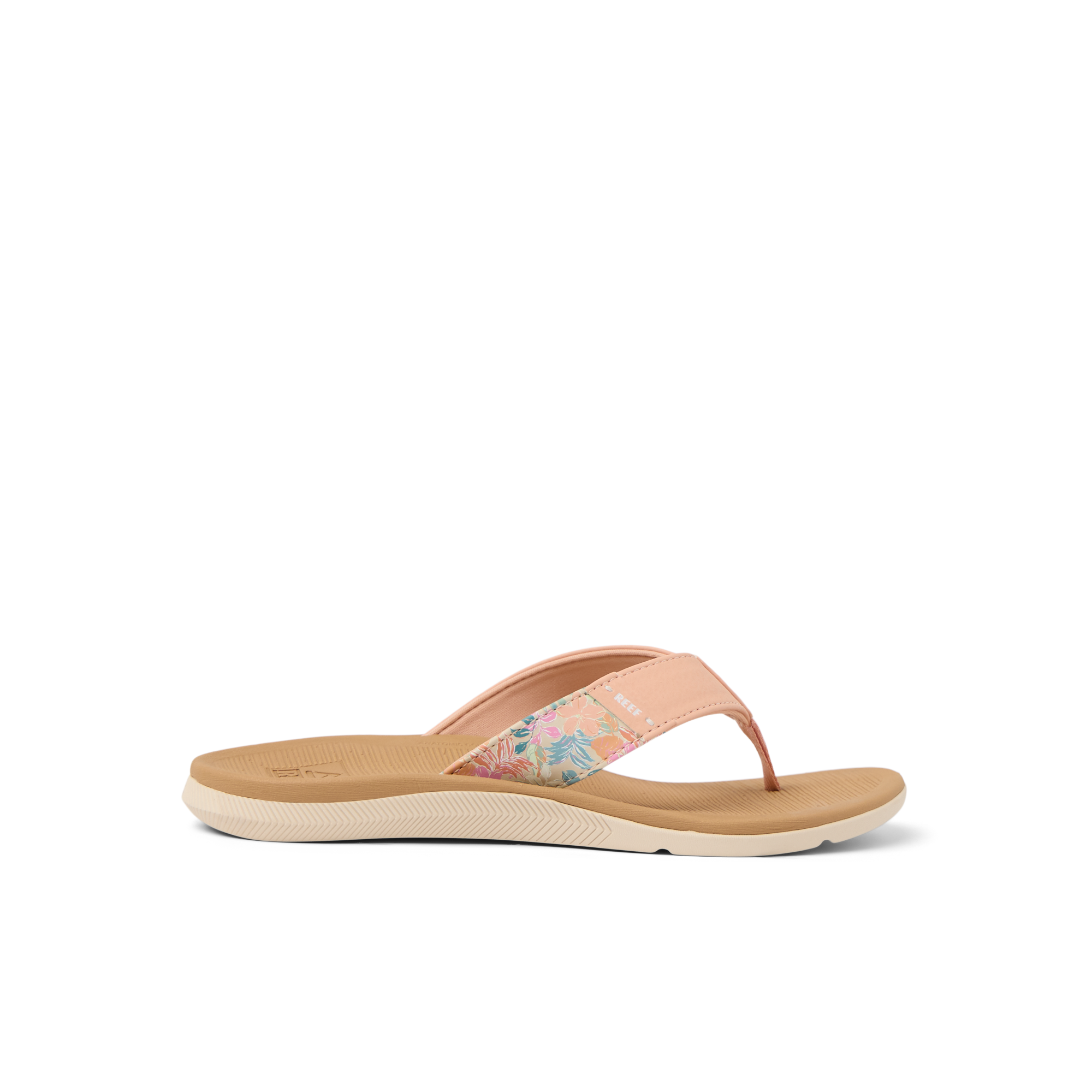 Santa Ana women's peach tan flip flop facing left, showing soft-rebound cushioned footbed and floral strap detail.
