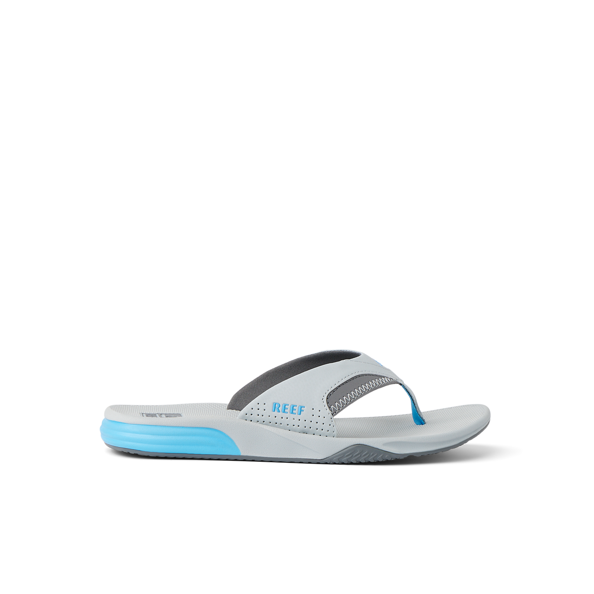 Side view of right-facing Cushion Fanning sandal with blue and gray surf-inspired design and extra cushioning for comfort