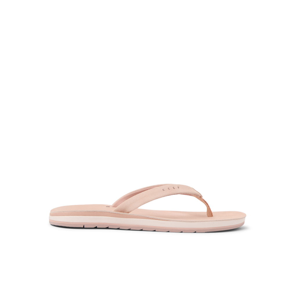 Ojai Classic Slim women’s blush suede flip flop facing right showing side with soft cushioning and arch support