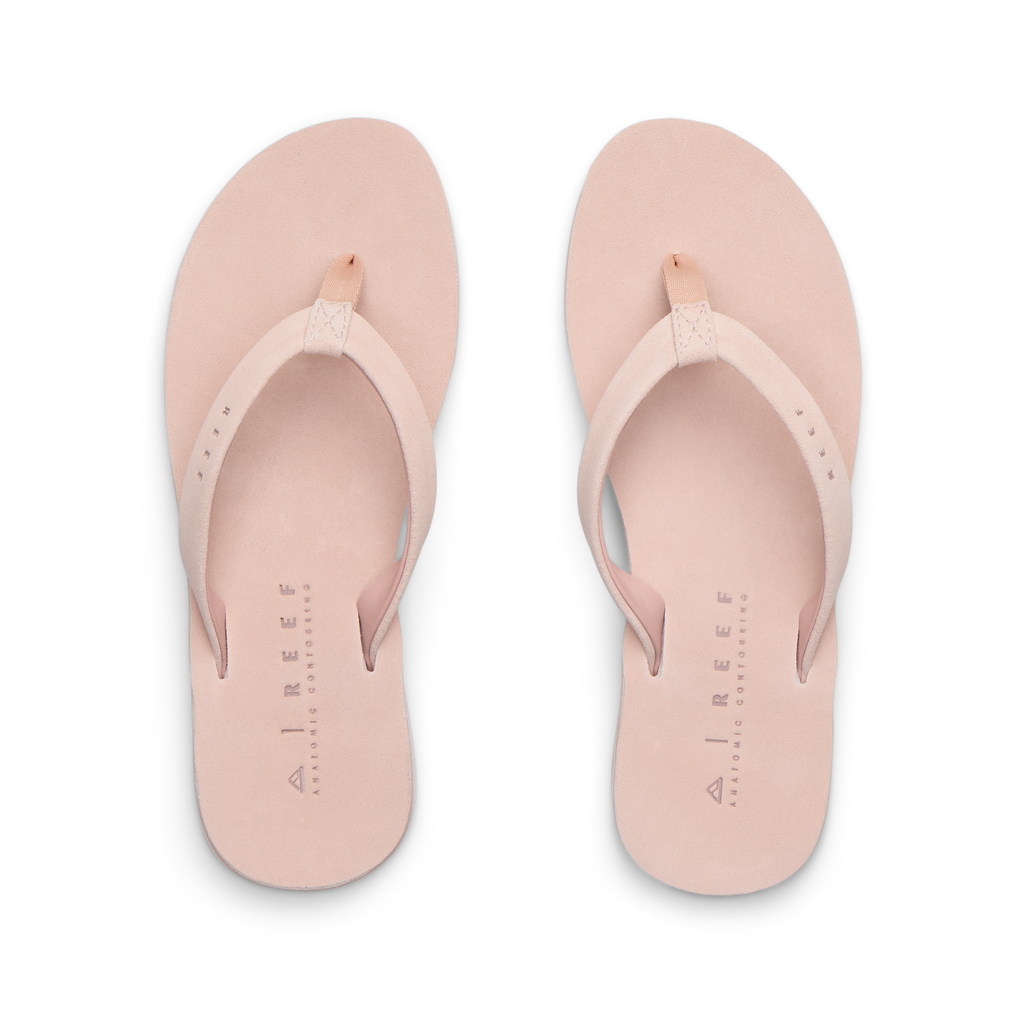 Ojai Classic Slim women's blush suede flip flops, top view showing soft-rebound cushioning and anatomical arch support.