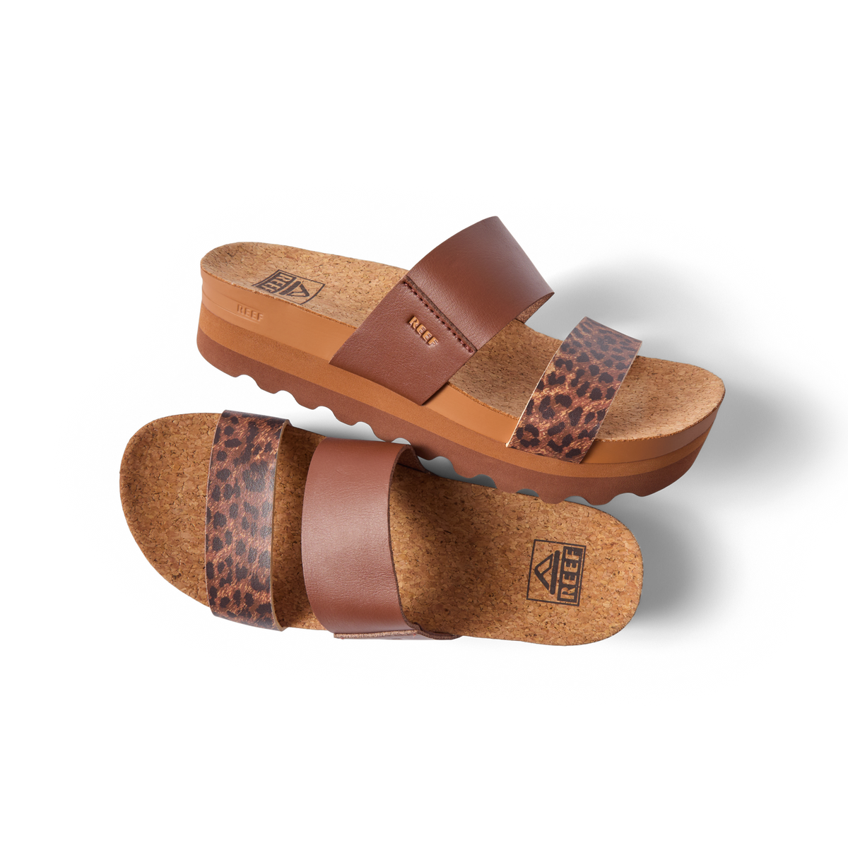 Cushion Vista Hi women's sandals with brown and leopard straps, left side top and sole view, cushioned comfortable design