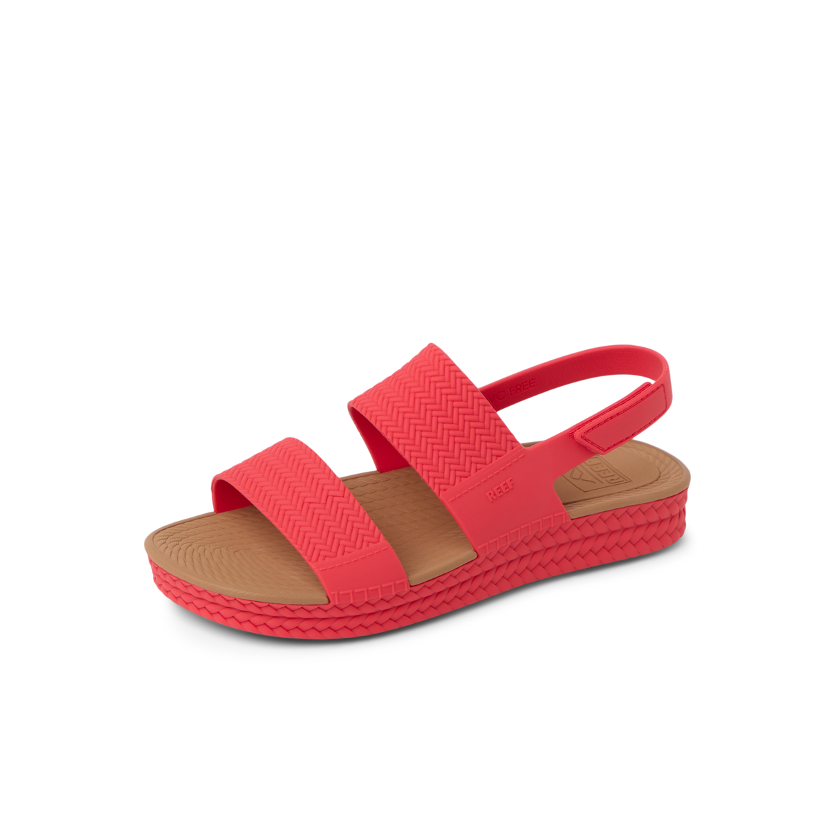 Reef Water Vista women's coral sandal facing left, showing side and top with cushioned footbed and arch support.