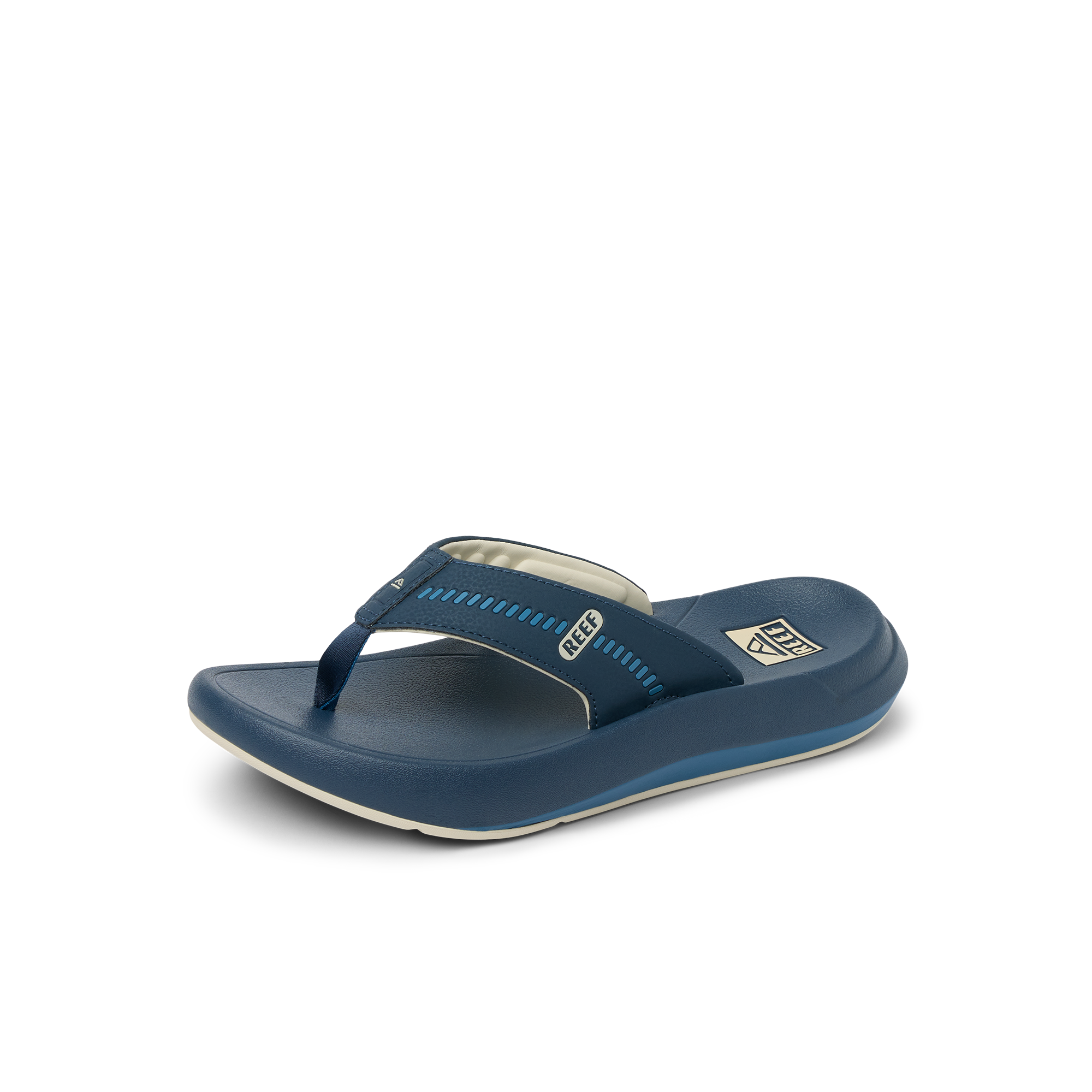Cruiser men's navy blue flip flop facing right, showing top and side, with cushioned footbed for beach comfort.