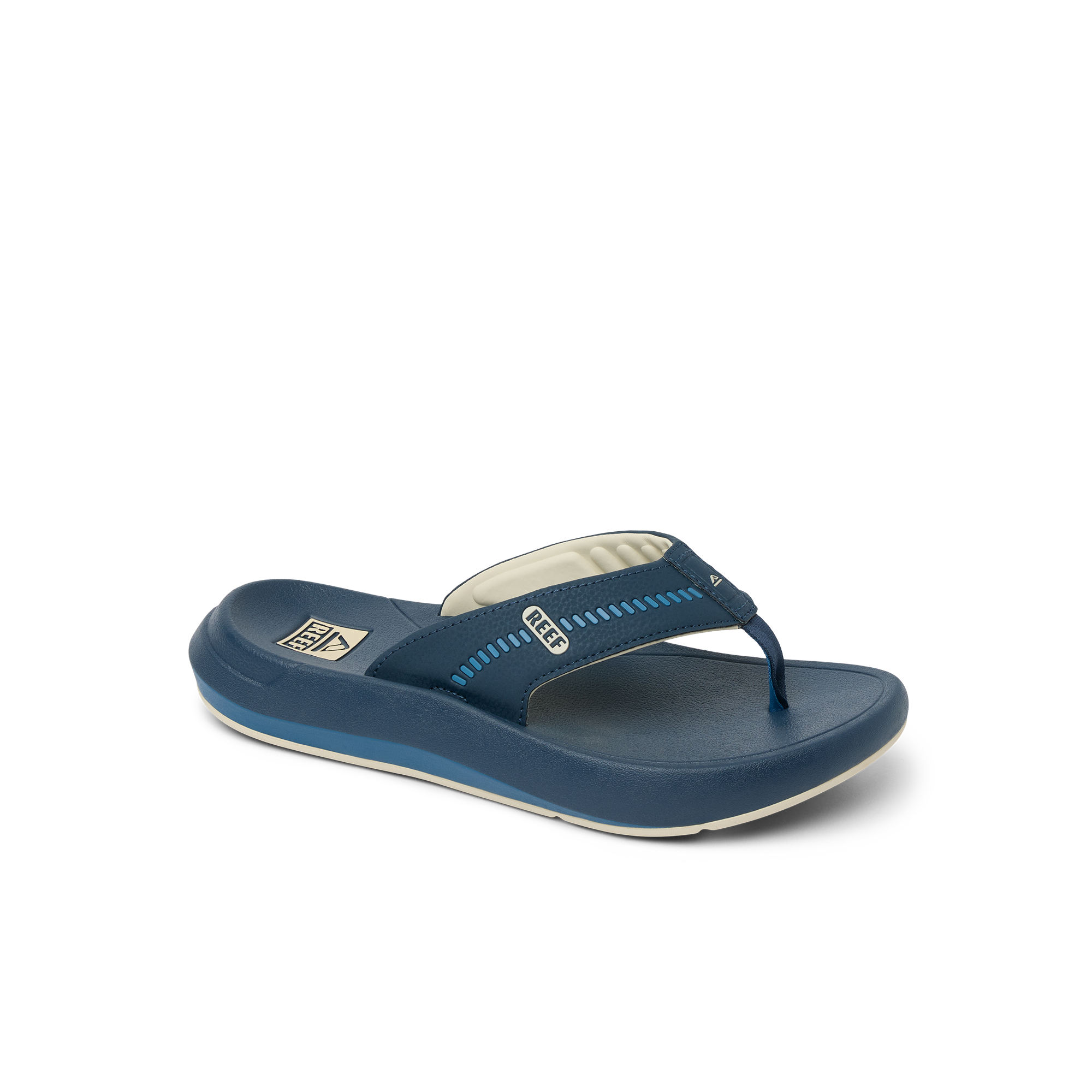 Cruiser men's navy blue flip flop facing left, close-up of top and side with soft cushioning and arch support