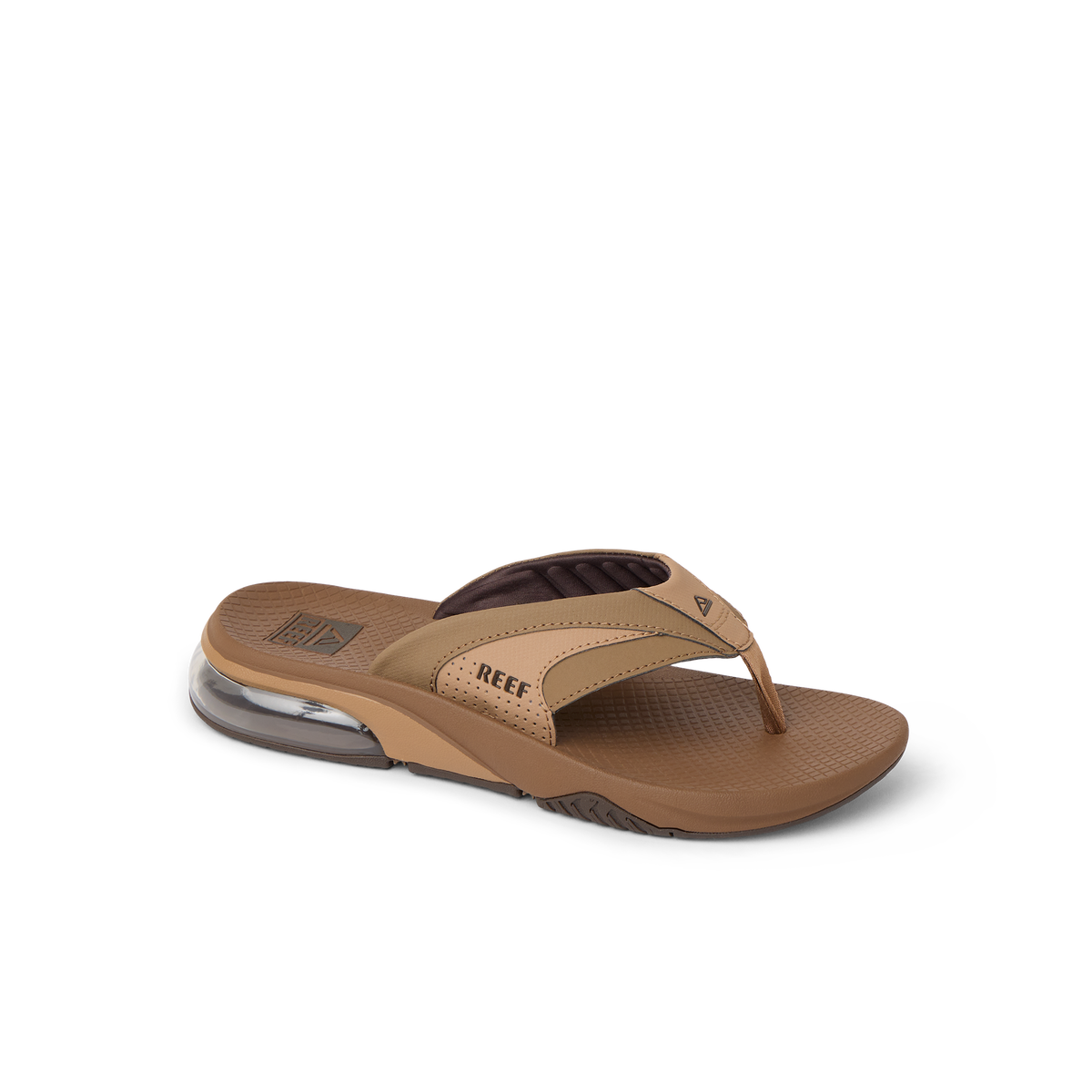 Fanning + brown men's flip flop facing right, featuring anatomical arch support and soft-rebound cushioning for beach comfort.