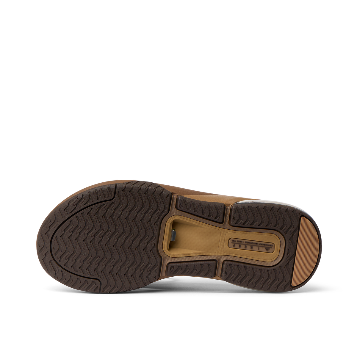 Fanning + men's shoe outsole facing upward, showcasing durable, water-friendly tread and arch support design.