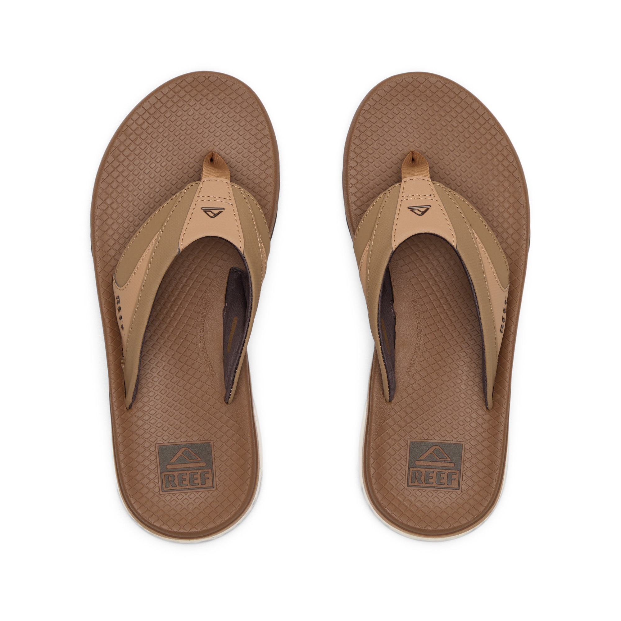 Top view of men's Fanning + brown sandals with anatomical arch support and soft-rebound cushioning for beach comfort.