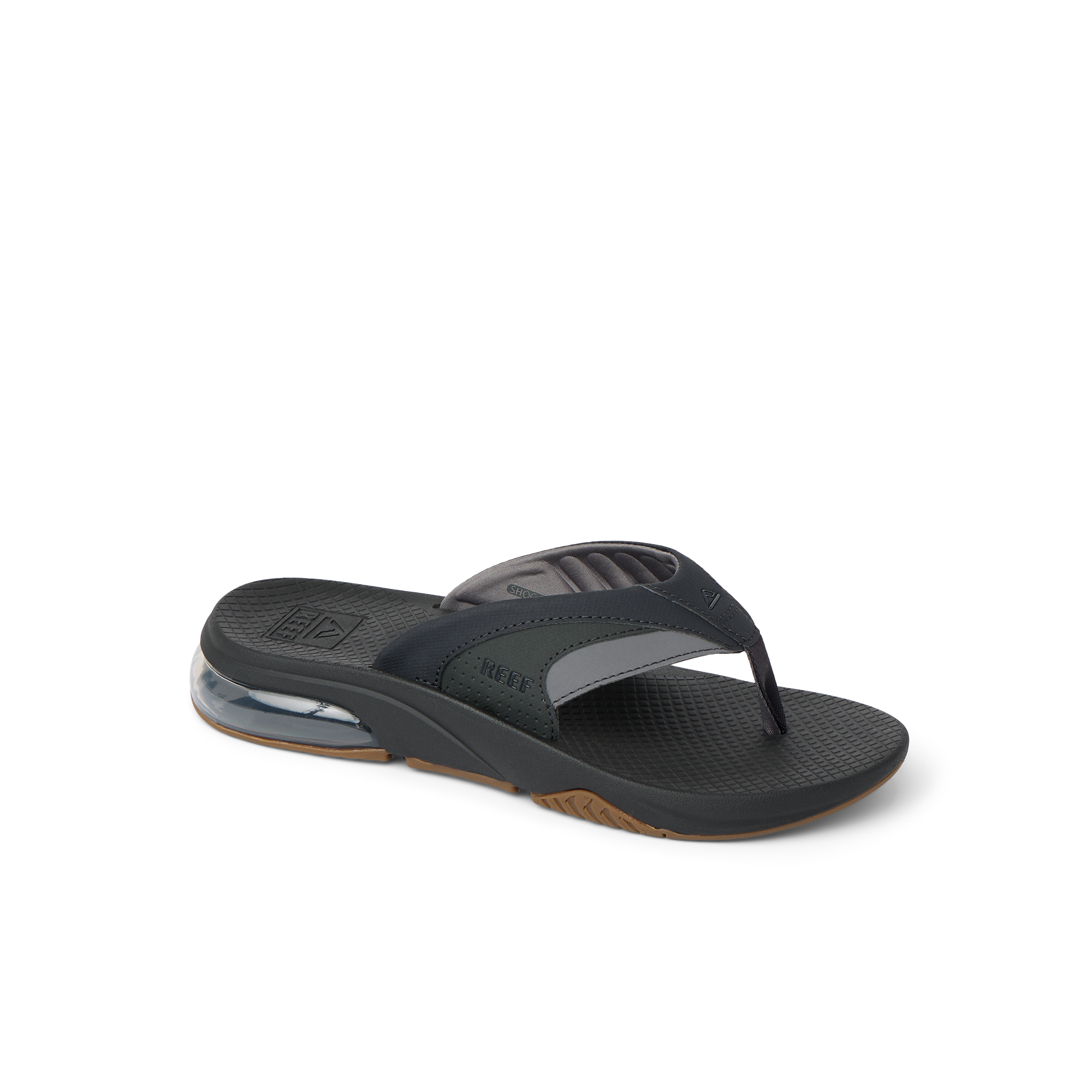 Fanning + men's black and gray flip flop facing right, showing arch support and water-friendly cushioned sole