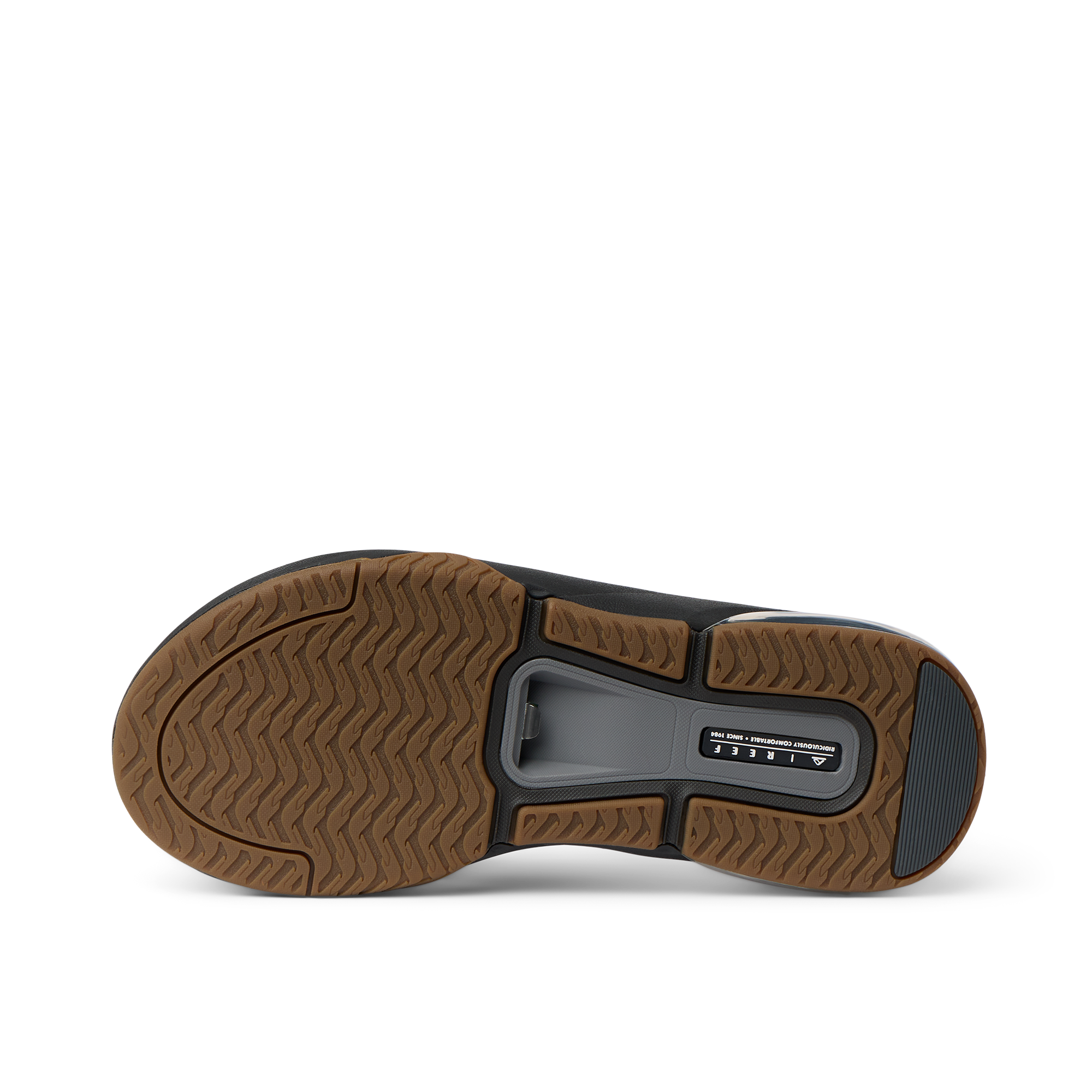 Close-up of the bottom sole of the Fanning + men's shoe in black and gum, showcasing durable, water-friendly traction.