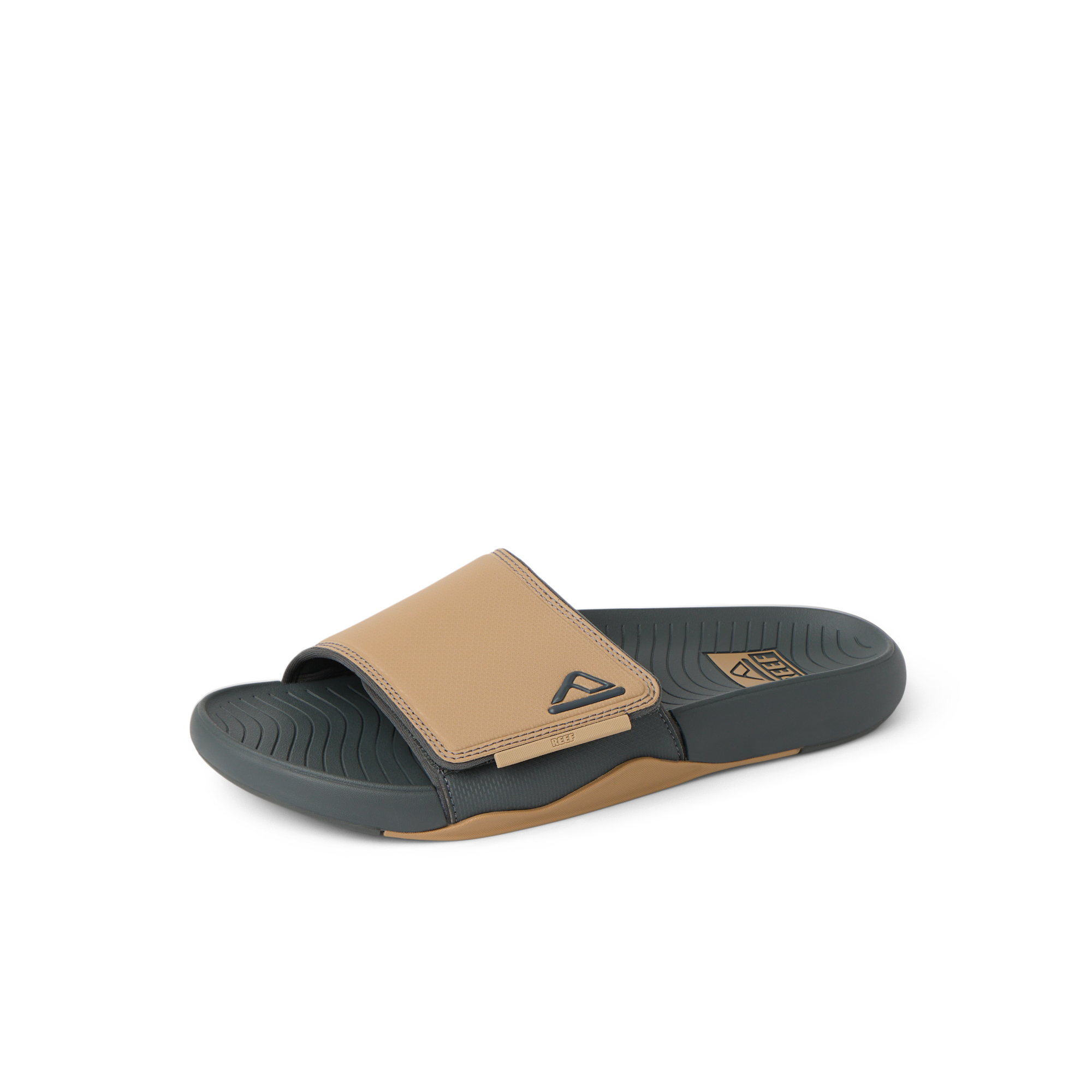 Phantom Slab slide facing right, close-up of water-friendly cushioned footbed and tan strap with arch support.