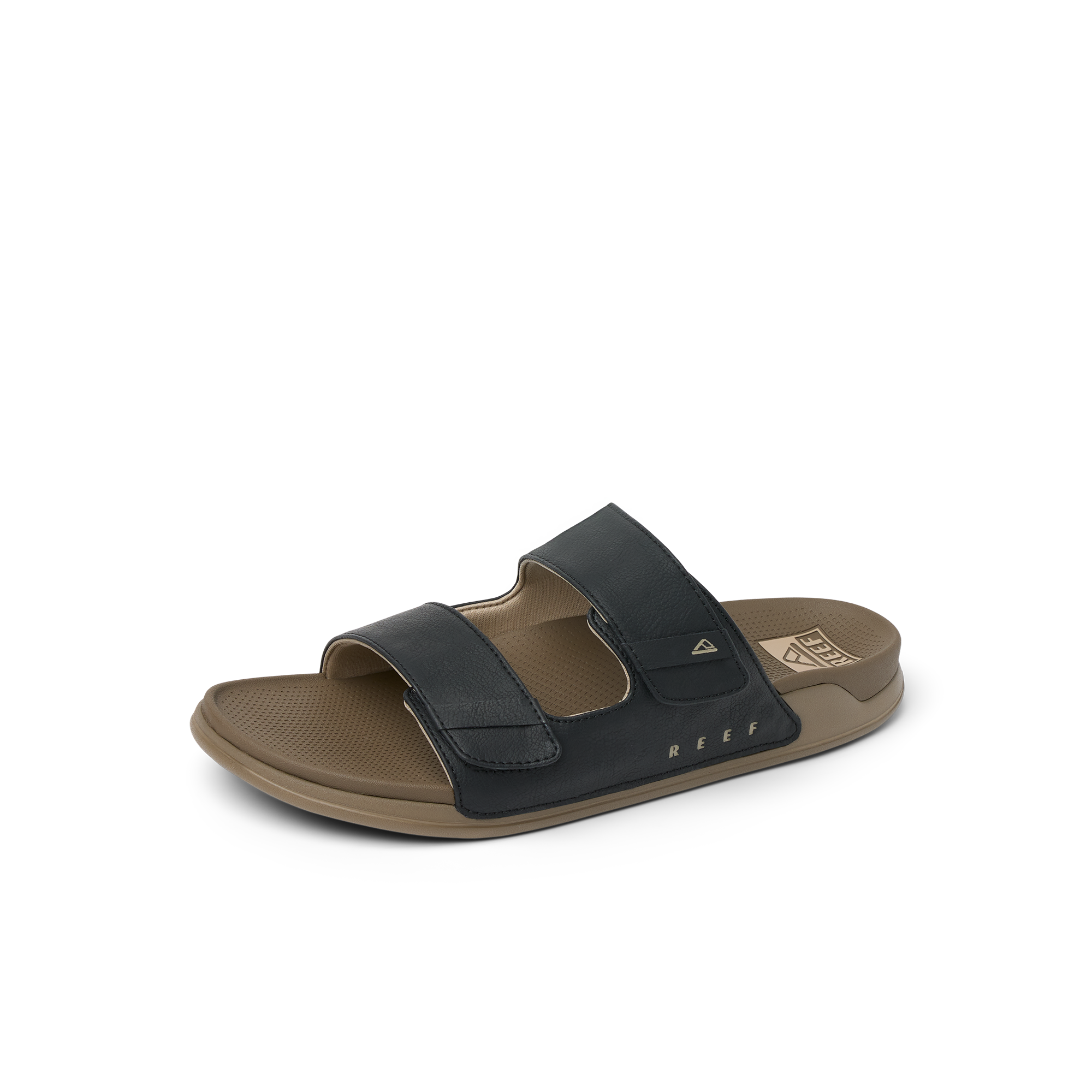 Phantom Tradewind men's black sandals facing right with double straps, cushioned sole, and arch support for beach comfort.