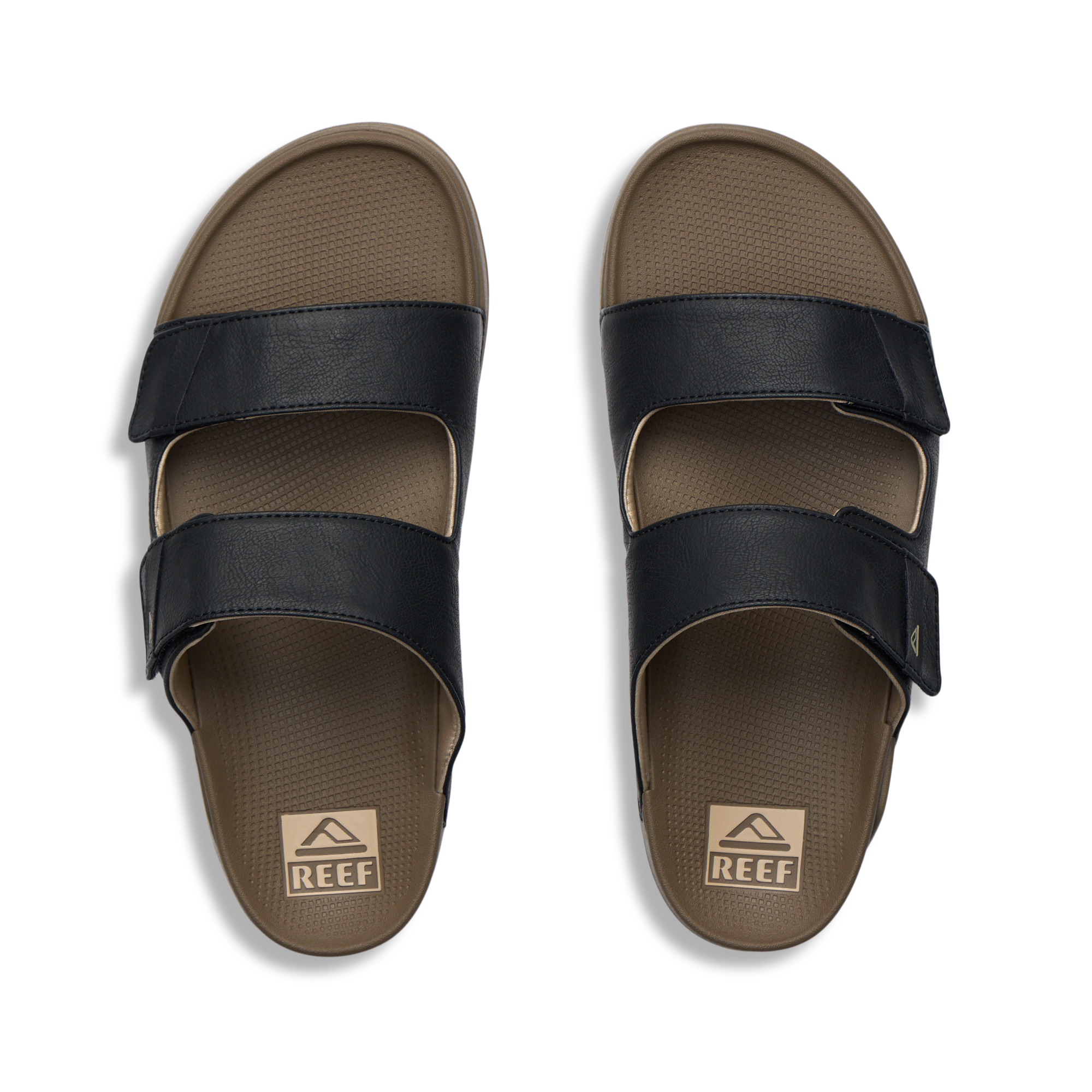Top-down view of men's Phantom Tradewind sandals in fossil black with dual straps, designed for beach comfort and durability.