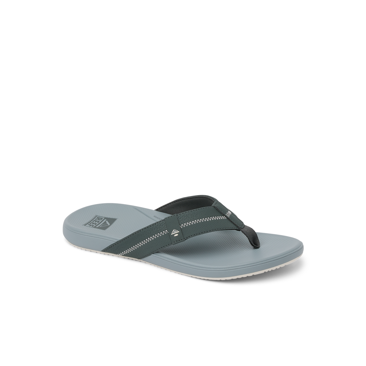 Cushion Phantom 2.0 men’s right-facing sandal with ash grey cushioned footbed and black strap, comfort-focused design.