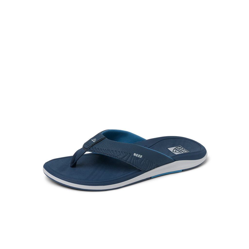 Offshore men's navy blue flip flop facing right, showing front and side with comfort-focused, beach-inspired design.
